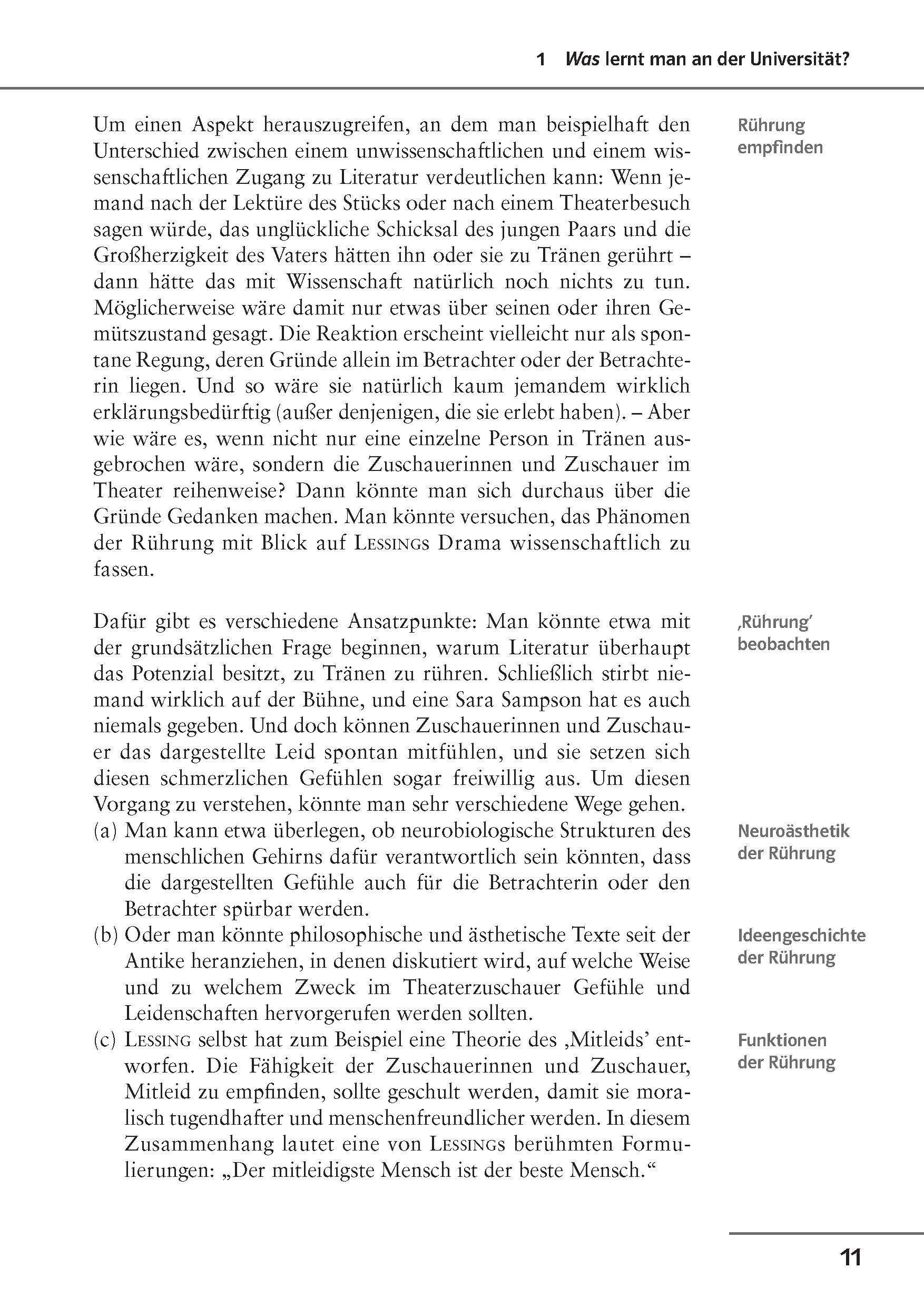 Klett Uni Wissen Arbeitstechniken Germanistik Eine Seite aus einem deutschen akademischen Lehrbuch, in dem wissenschaftliche und nicht-wissenschaftliche Herangehensweisen an Literatur erörtert werden, mit einer Randbemerkung zu Rührung empfinden und Rührung beobachten.