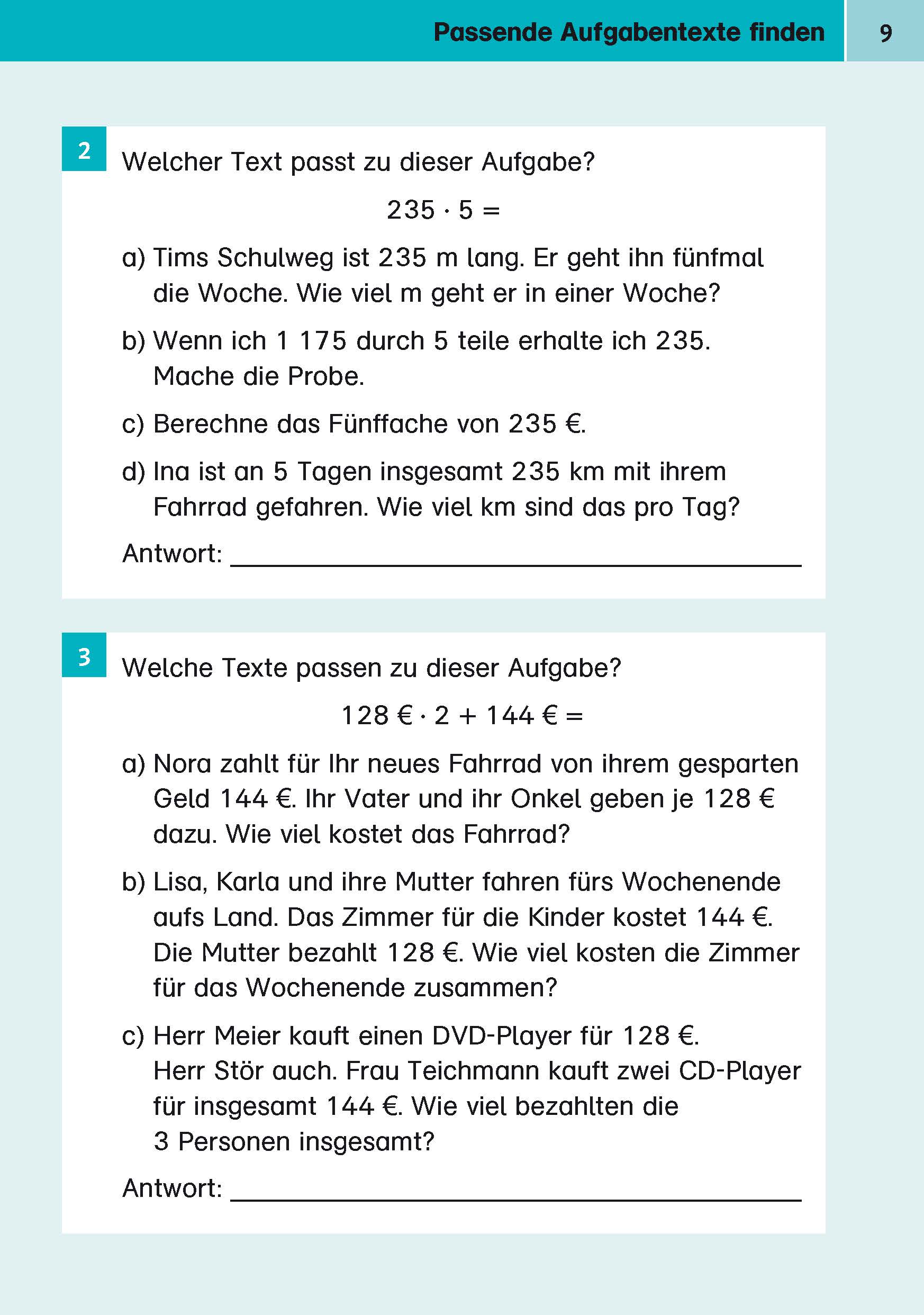 Ein deutsches Arbeitsblatt zeigt mathematische Wortaufgaben zu Division und Addition und fordert die Schüler auf, diese zu lösen und die Antworten in die vorgesehenen Felder zu schreiben. Blaue und graue Textfelder gliedern die Fragen.