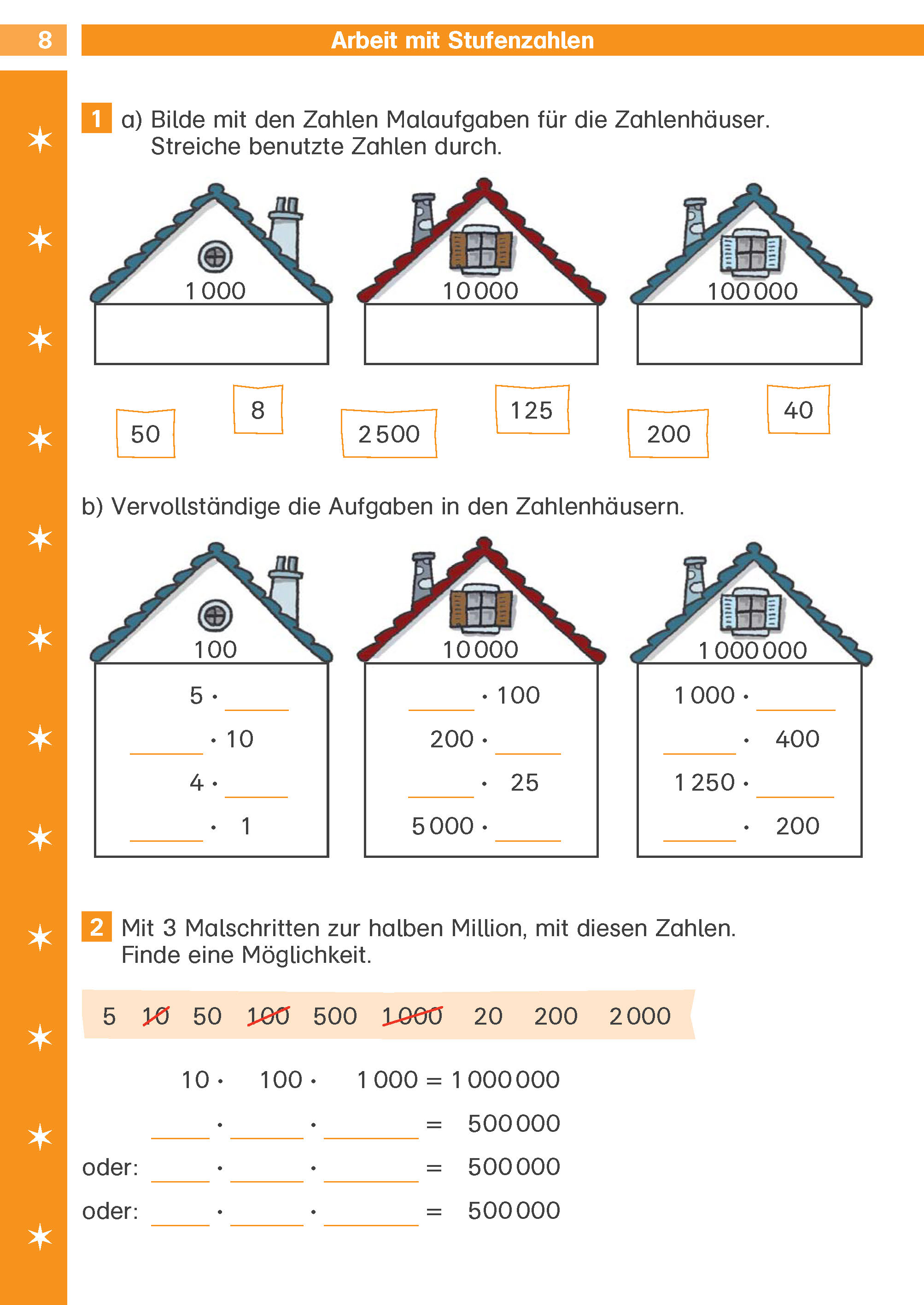 Ein deutsches Mathe-Arbeitsblatt mit illustrierten Häusern, die jeweils Rechenaufgaben zur Multiplikation mit den Zahlen 5, 10, 100, 500, 2000 und 20000 zeigen.