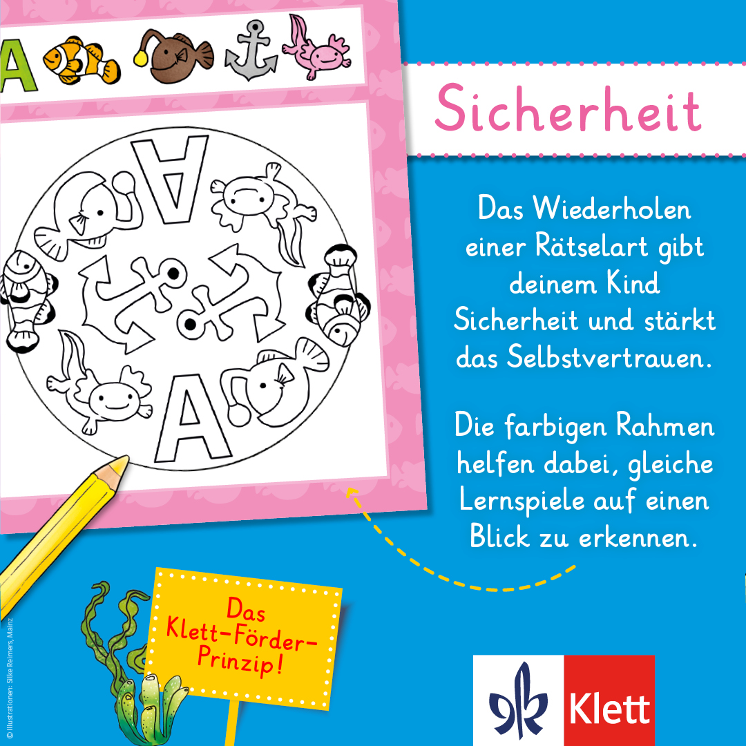 Ausmalbild mit Fischen, Ankern und Buchstaben A. Ein gelber Buntstift liegt daneben. Text beschreibt, wie Wiederholen die Sicherheit und das Selbstvertrauen von Kindern stärkt.