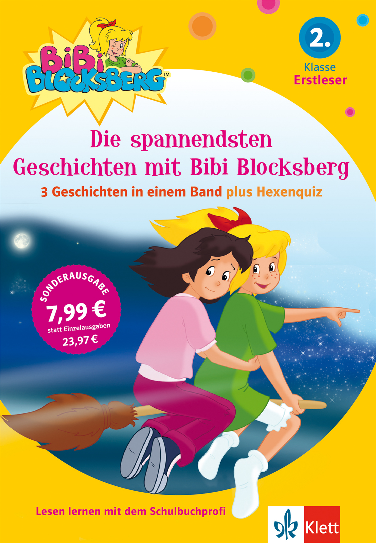 Zwei animierte Mädchen, eines mit blondem und eines mit braunem Haar, reiten auf einem Besenstiel in den Nachthimmel auf einem farbenfrohen deutschen Kinderbuchcover mit dem Titel Bibi Blocksberg.
