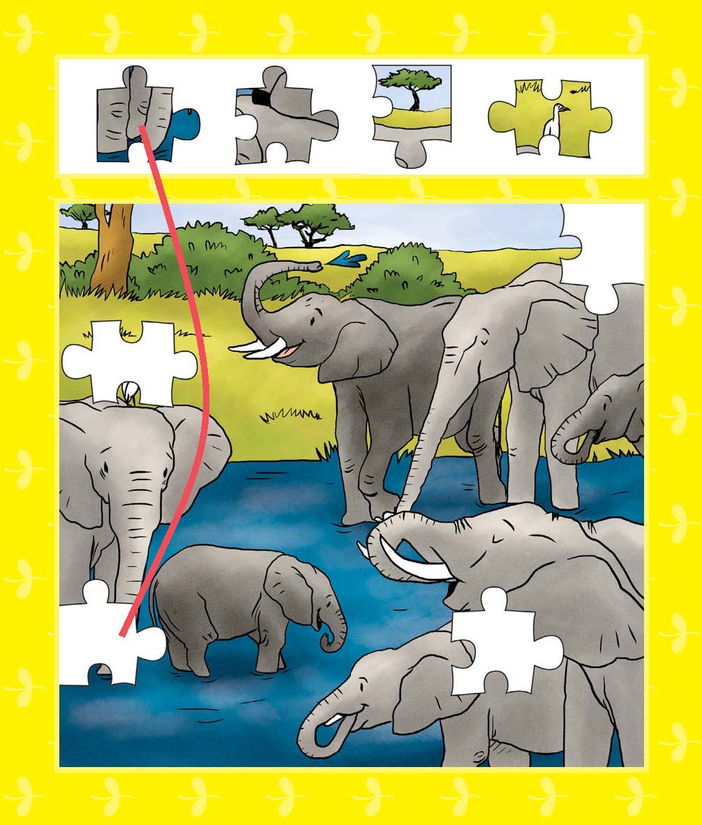Eine illustrierte Elefantenfamilie steht am Wasser, mit mehreren fehlenden Puzzleteilen und einer roten Linie, die ein Teil mit seinem richtigen Platz verbindet.