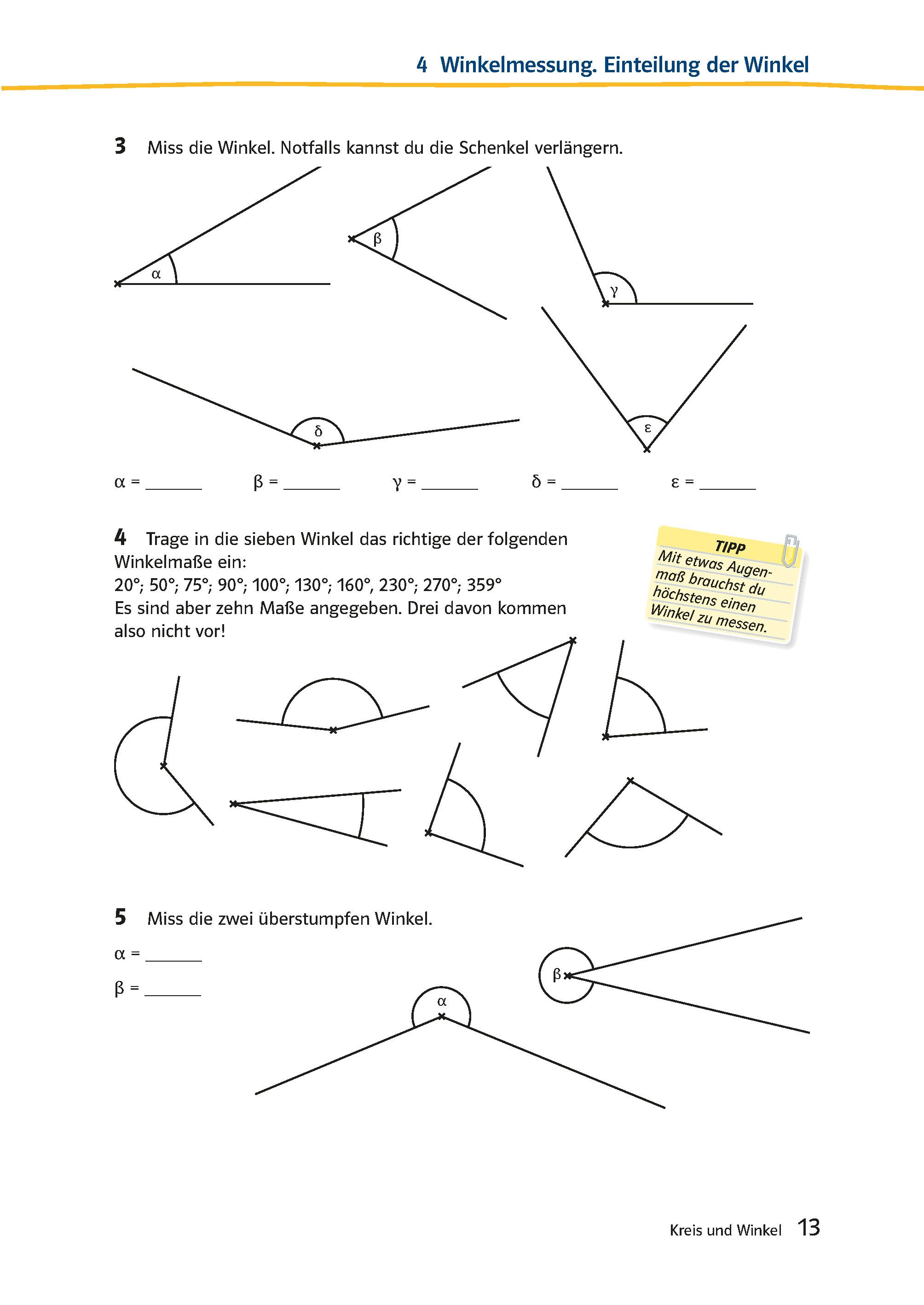 Ein deutsches Mathe-Arbeitsblatt mit Strichzeichnungen von Winkeln, die mit griechischen Buchstaben beschriftet sind, und Anweisungen zum Messen oder Zuordnen von Winkelwerten.
