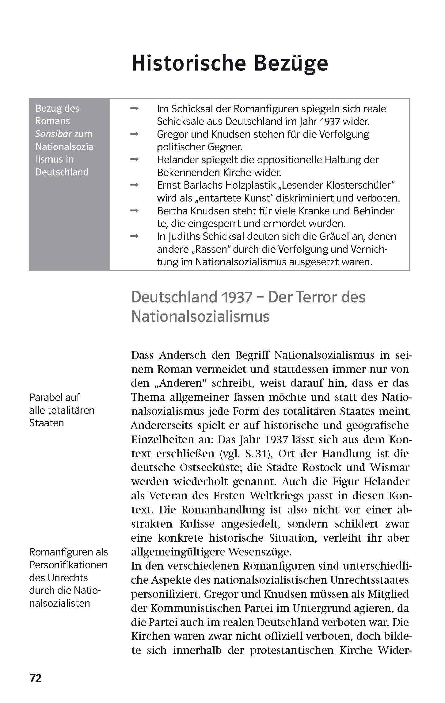 Auf einer Schulbuchseite in deutscher Sprache werden historische Bezüge zum Nationalsozialismus erörtert, darunter Aufzählungspunkte und ein Abschnitt mit dem Titel Deutschland 1937 - Der Terror des Nationalsozialismus.