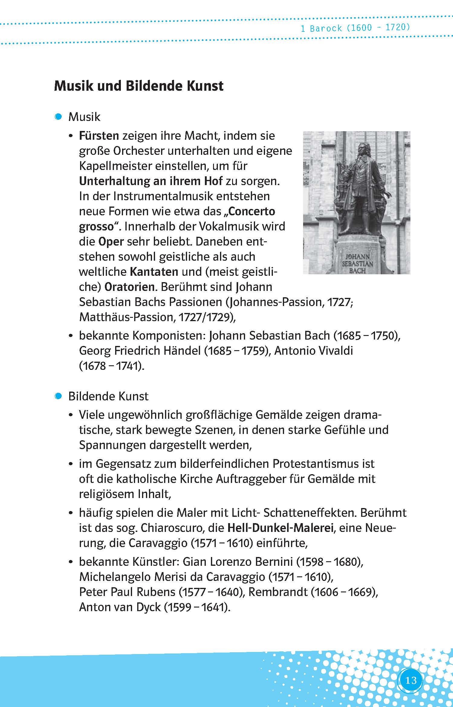 Eine Seite aus einem deutschen Schulbuch mit der Überschrift Musik und Bildende Kunst, Aufzählungspunkten über Musik und berühmte Komponisten und einem kleinen Foto eines klassischen Orchesters am unteren Rand.