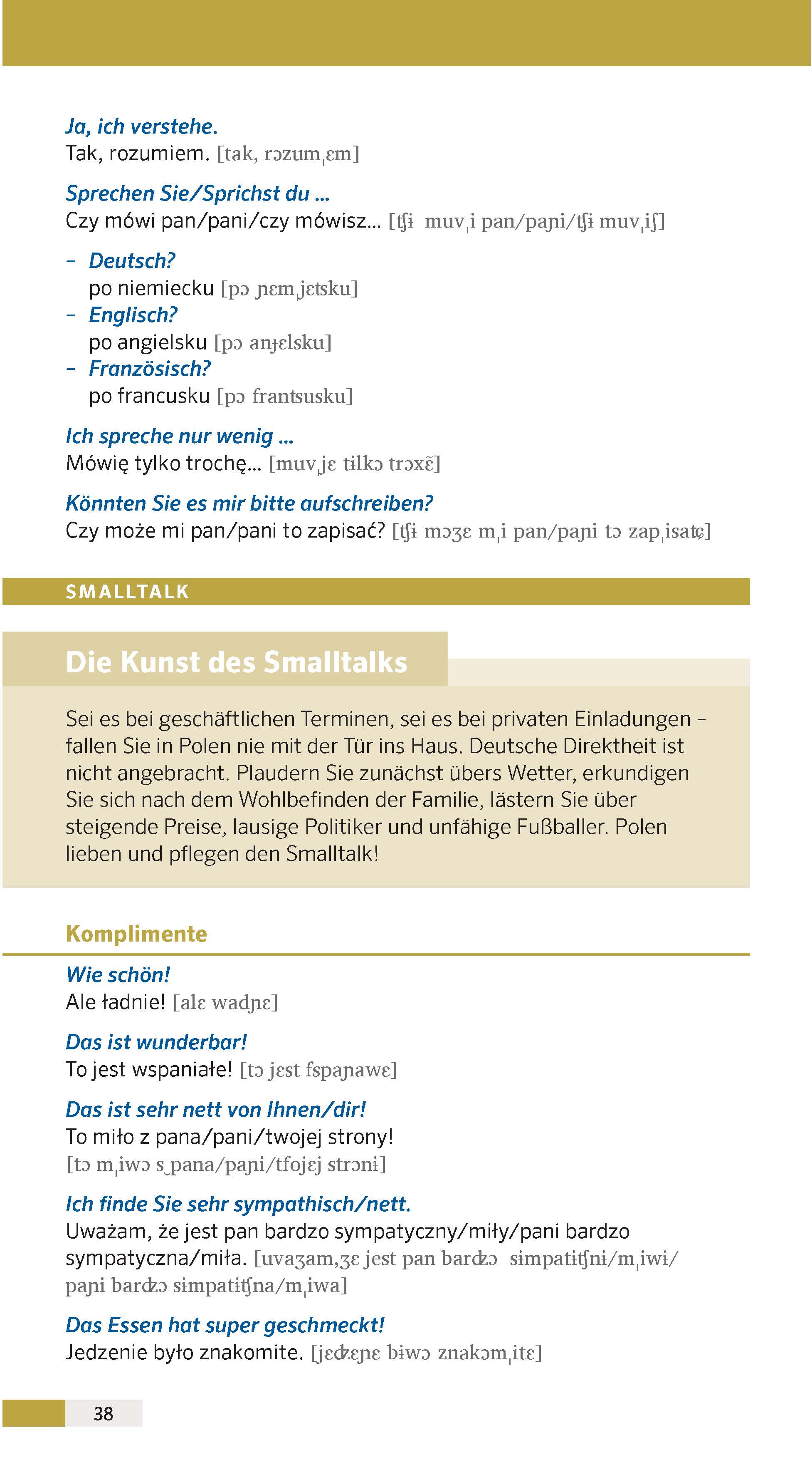 Ein mehrsprachiger Phrasenführer enthält Übersetzungen für Do you speak...? und Could you write that down? in Deutsch, Polnisch, Französisch und Englisch sowie einen kleinen Abschnitt über Small Talk.