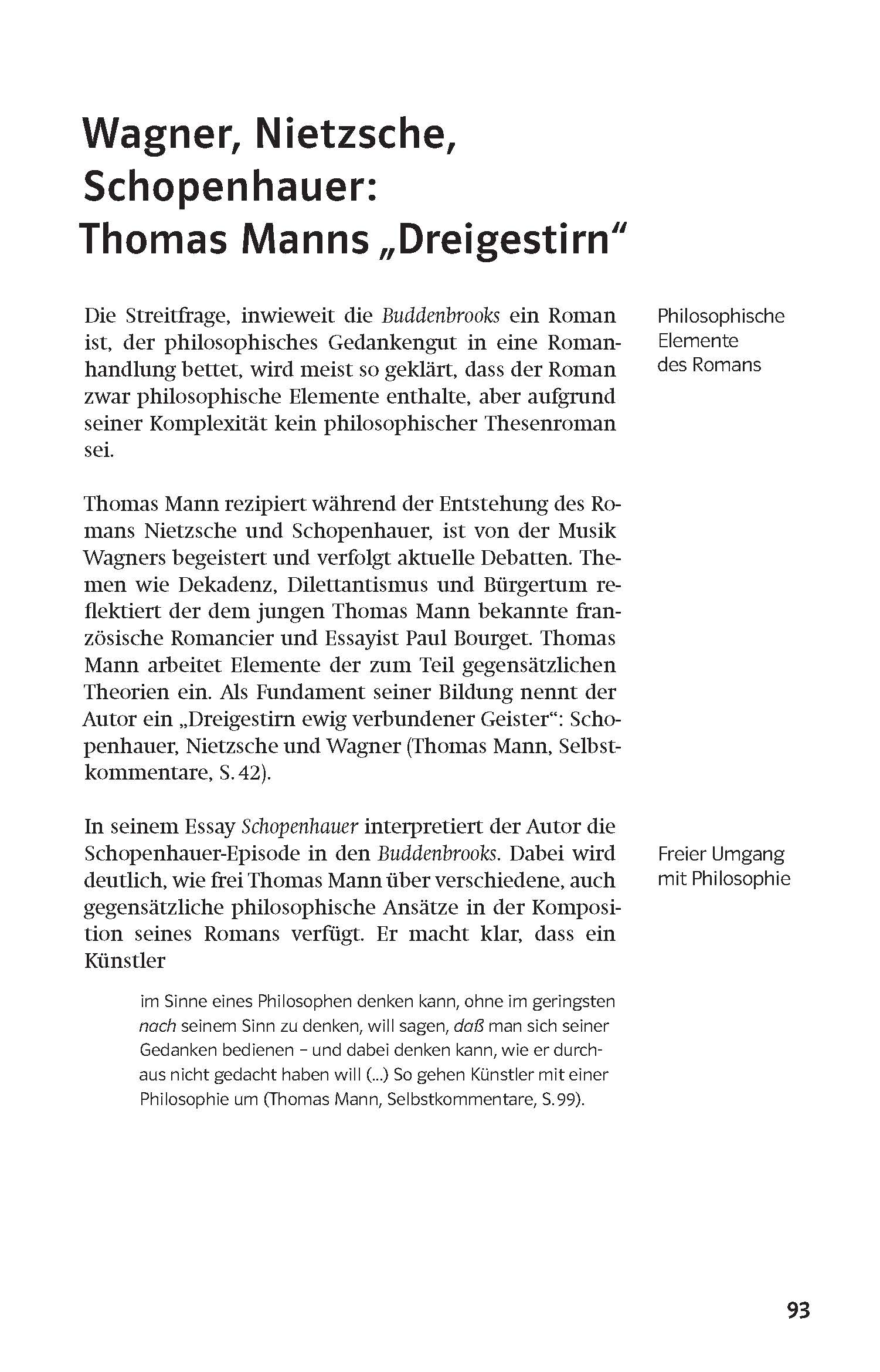 Eine Seite eines deutschen Textes, der philosophische Elemente in Thomas Manns Buddenbrooks analysiert, mit Schwerpunkt auf Wagner, Nietzsche und Schopenhauer, mit Randnotizen und einer Seitenzahl 93 am unteren Rand.