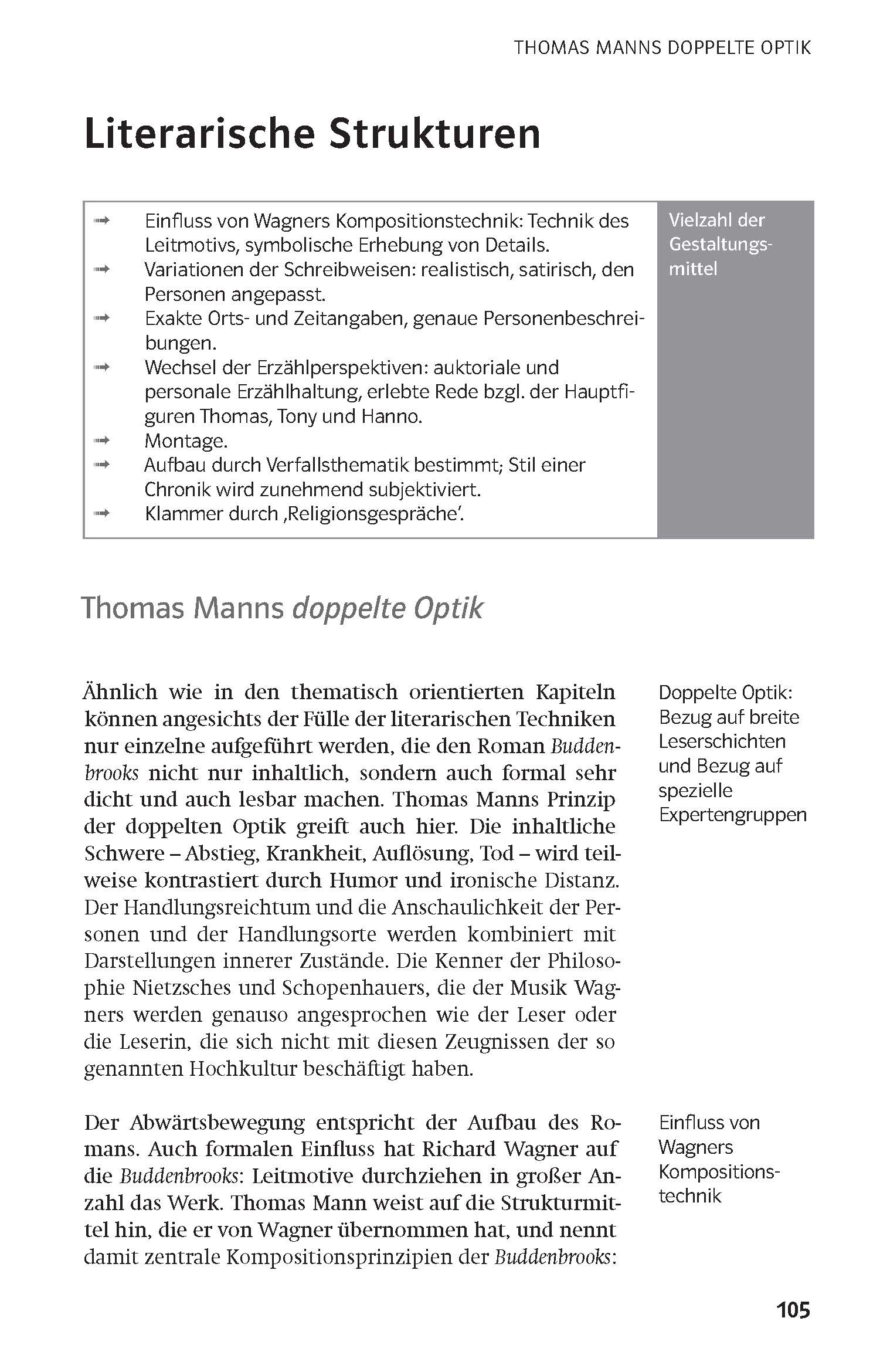 Eine deutschsprachige Lehrbuchseite fasst die literarischen Techniken in Thomas Manns Werken zusammen, wobei Aufzählungspunkte und eine Callout-Box die Vielfalt der Stilmittel hervorheben.