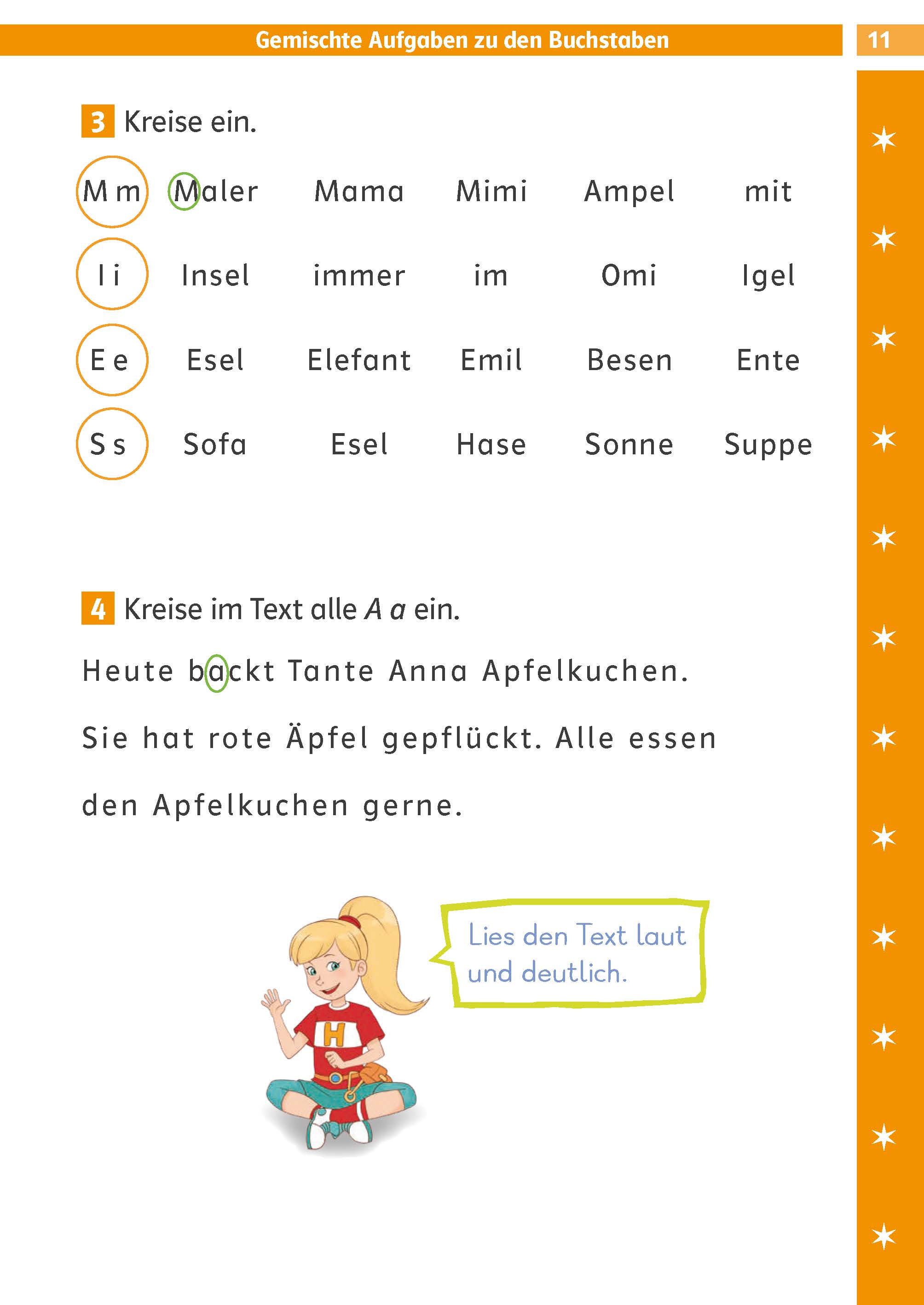 Klett Die Deutsch-Helden: Lesen und schreiben 1. Klasse Eine Seite eines Arbeitsbuchs für die deutsche Sprache mit Übungen, bei denen Wörter und Buchstaben eingekreist werden, und einer Illustration eines Mädchens in Rot, das ein Buch in der Hand hält, am unteren Rand.