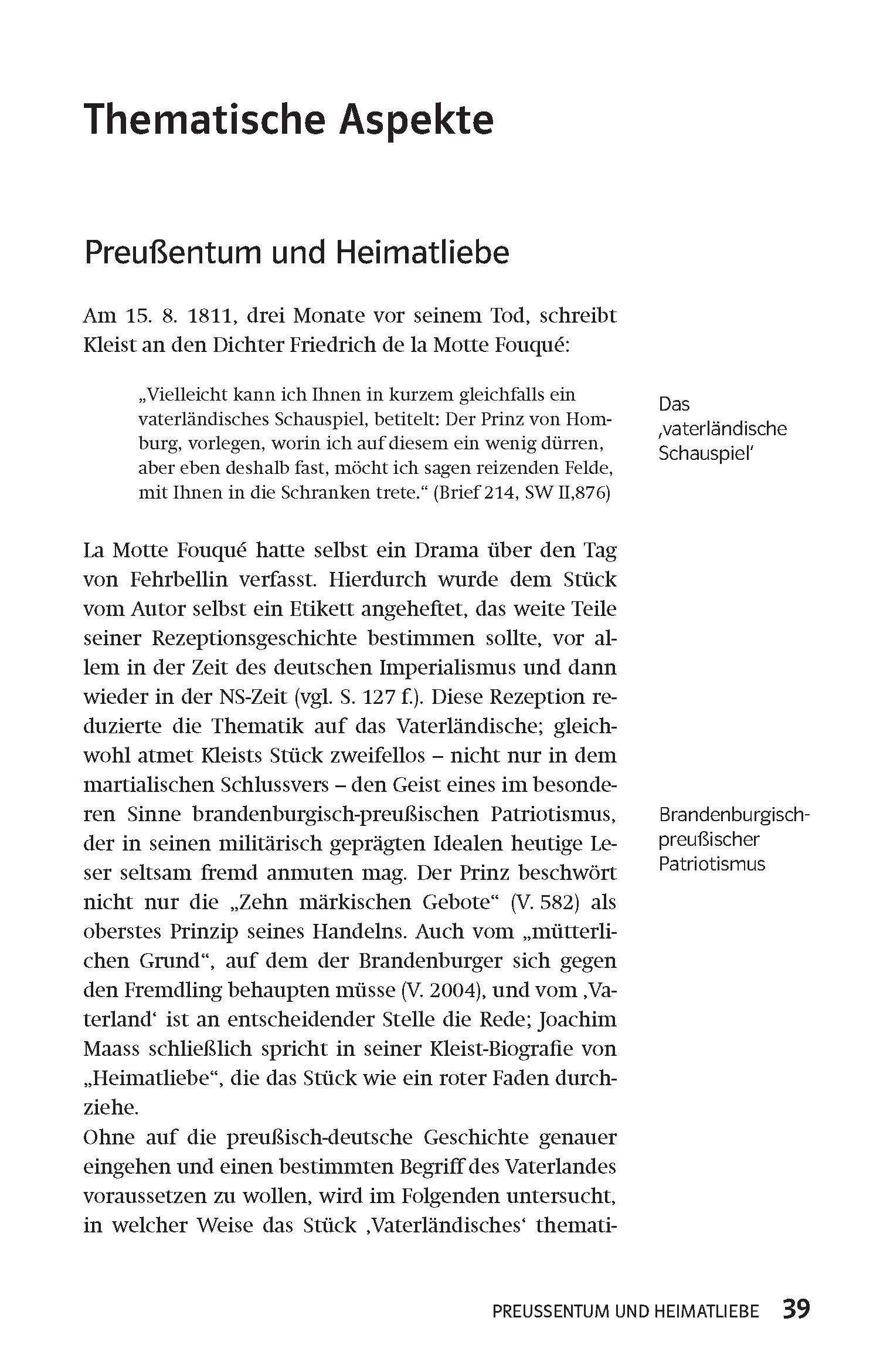 Klett Lektürehilfen Heinrich von Kleist, Prinz Friedrich von Homburg Eine Buchseite in deutscher Sprache erörtert thematische Aspekte des Patriotismus in der Literatur, mit einem Zitat von Kleist und Verweisen auf Das Vaterländische Schauspiel. Kopfzeile und Seitenzahl 39 sind sichtbar.