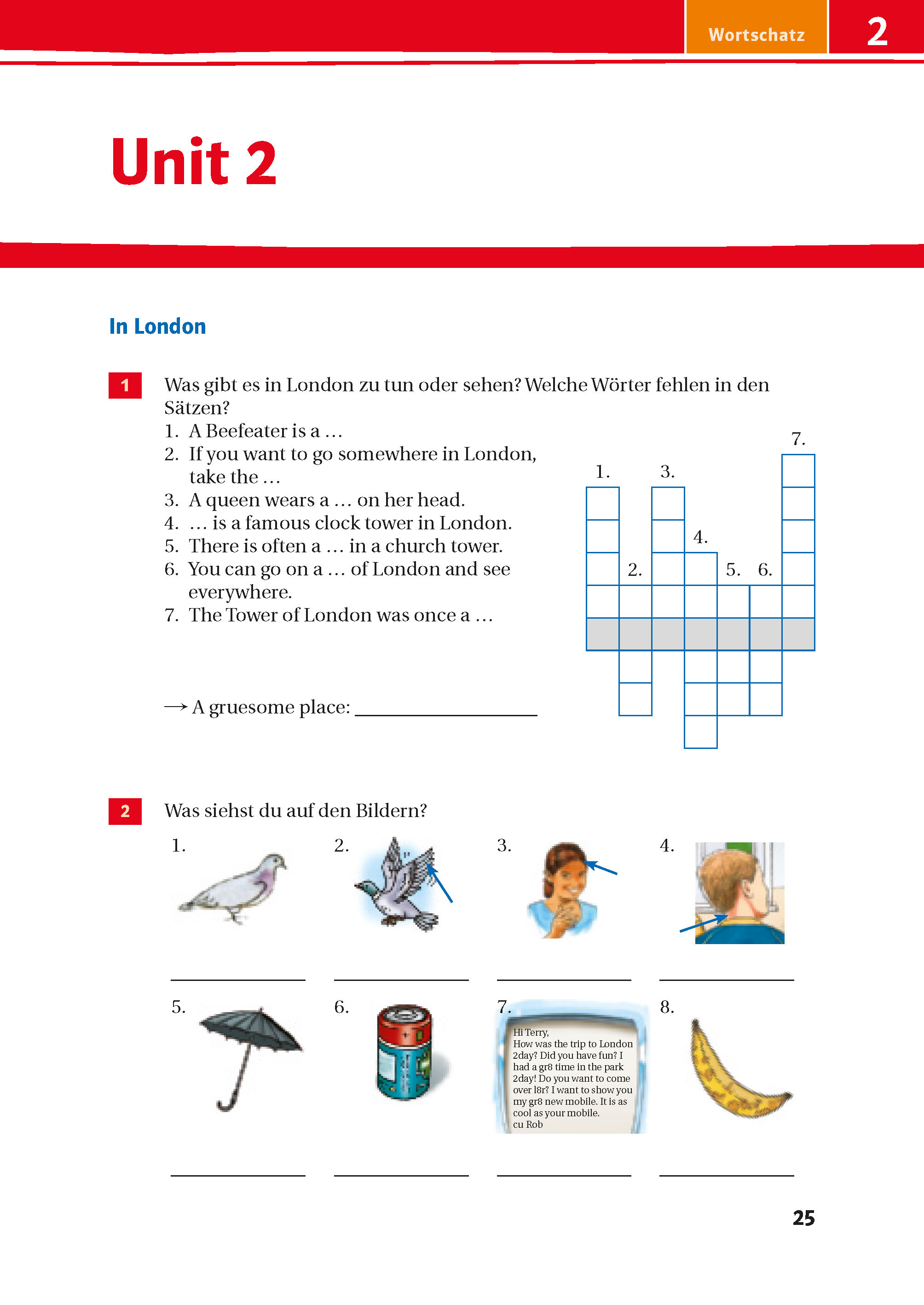 Eine deutsch-englische Vokabel-Übungsseite mit einem Kreuzworträtsel über Londoner Wahrzeichen und einer Bildidentifikationsaufgabe mit verschiedenen Gegenständen und Tieren.