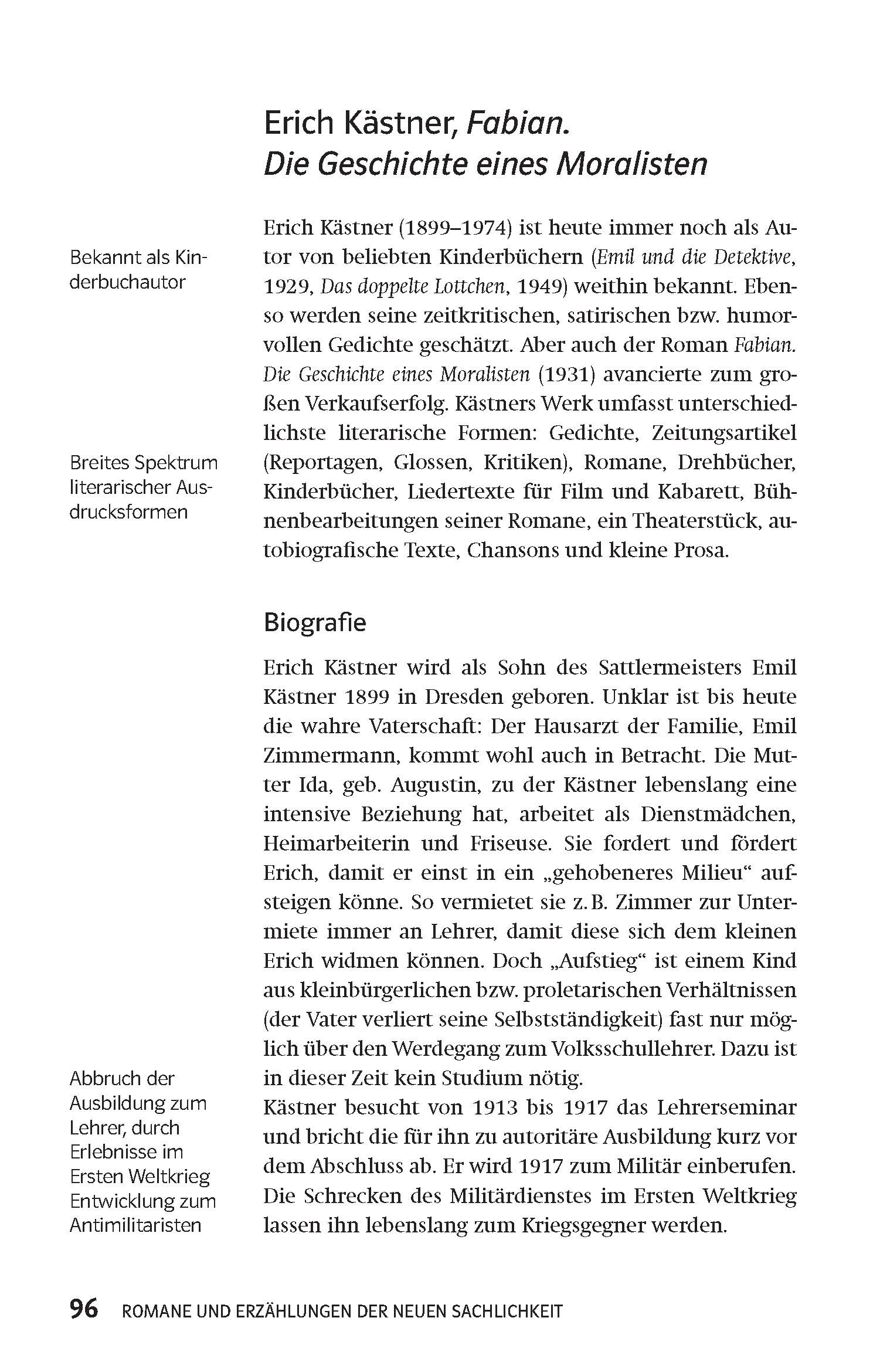 Klett Lektürehilfen Neue Sachlichkeit Eine Buchseite mit einem Eintrag über Erich Kästners Roman Fabian, mit Informationen über den Autor, seinen literarischen Stil, seine Bedeutung und eine Kurzbiographie.