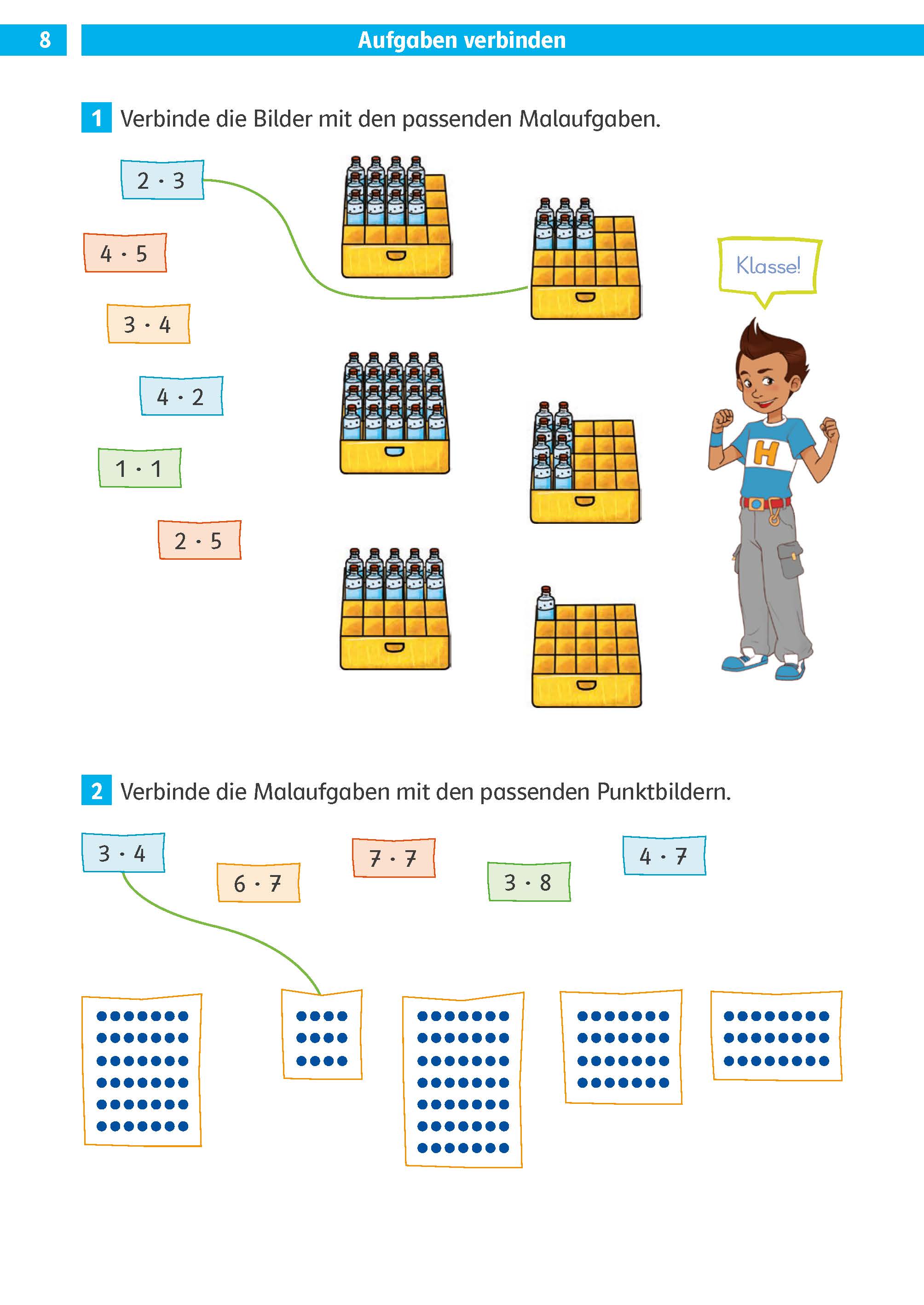 Klett Die Mathe-Helden: Das kleine Einmaleins 2./3. Klasse Ein mathematisches Arbeitsblatt zeigt Flaschen und Schalen, einen illustrierten Lehrer und Punktfelder. Die Schüler werden gebeten, Gleichungen den richtigen visuellen Gruppen oder Punktmustern zuzuordnen.