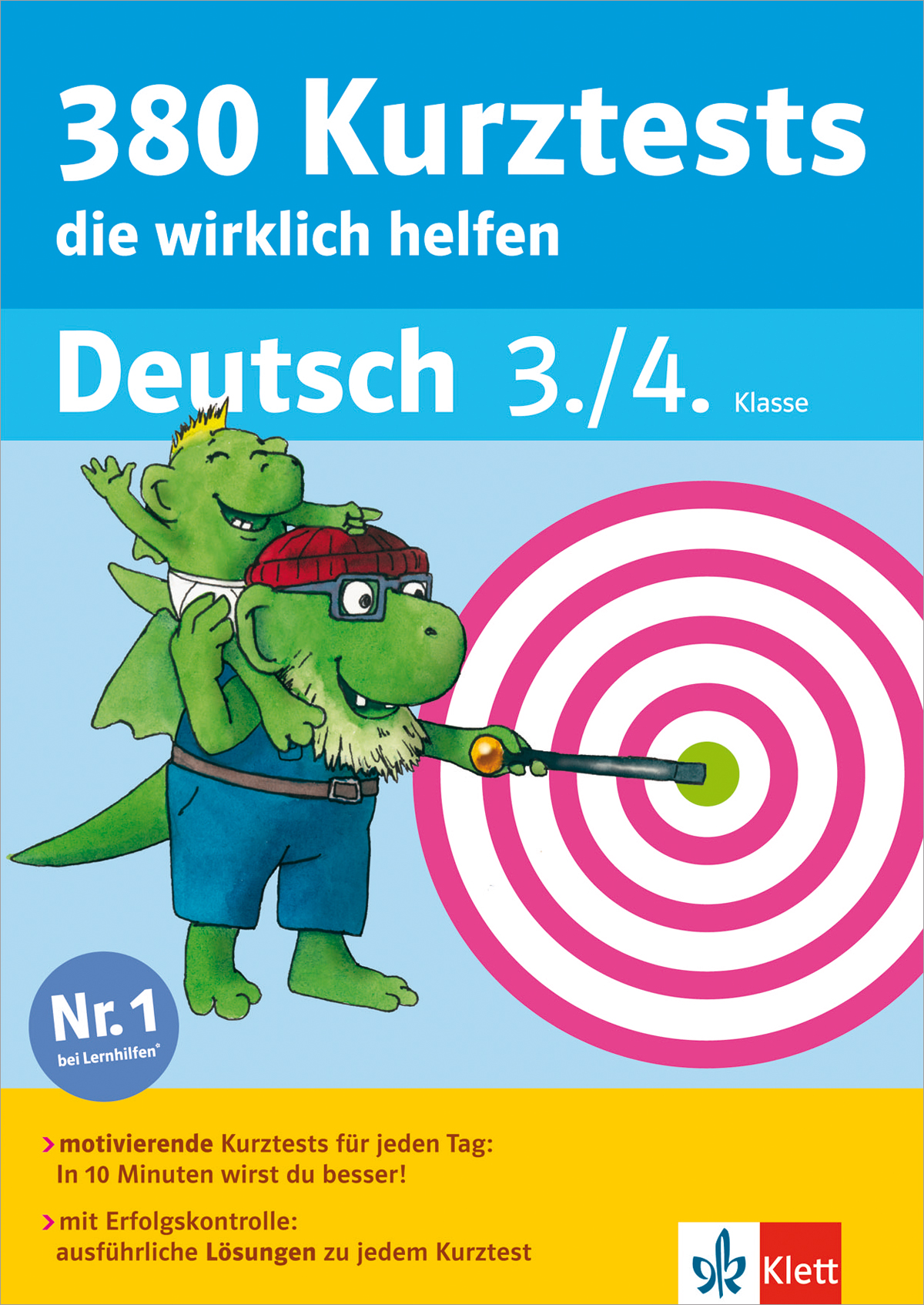 Buchdeckel mit zwei Cartoon-Krokodilen, von denen eines einen Pfeil und Bogen hält und auf ein Ziel zielt. Der Text lautet 380 Kurztests Deutsch 3./4. Klasse. Leuchtend blauer und gelber Hintergrund.