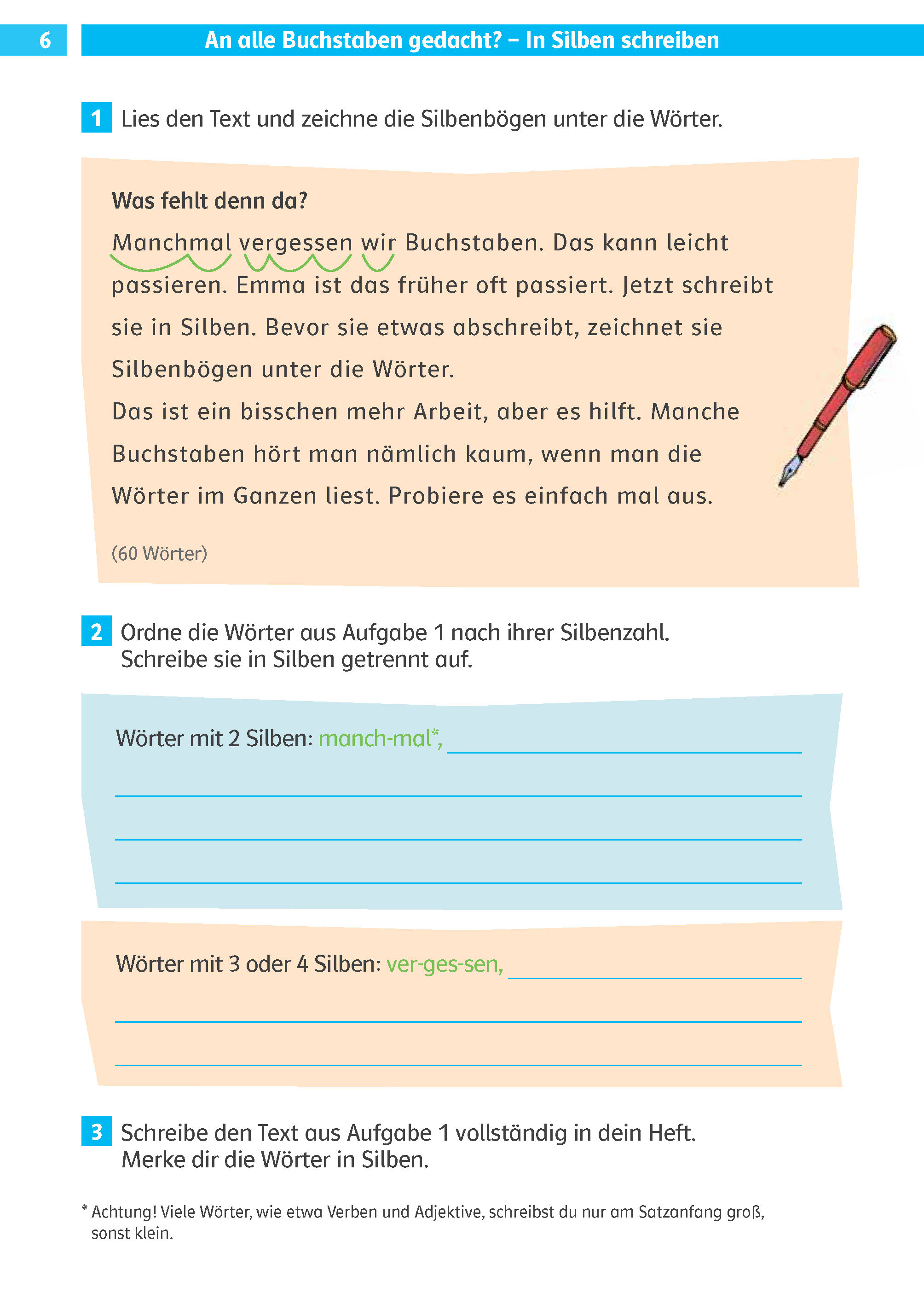 Klett Die Deutsch-Helden: Diktate 3./4. Klasse Ein Arbeitsblatt zur deutschen Sprache mit Anweisungen und Aufgaben zur Silbentrennung, einschließlich Lesen, Silbentrennung, Sortieren von Wörtern und Umschreiben eines kurzen Textes.