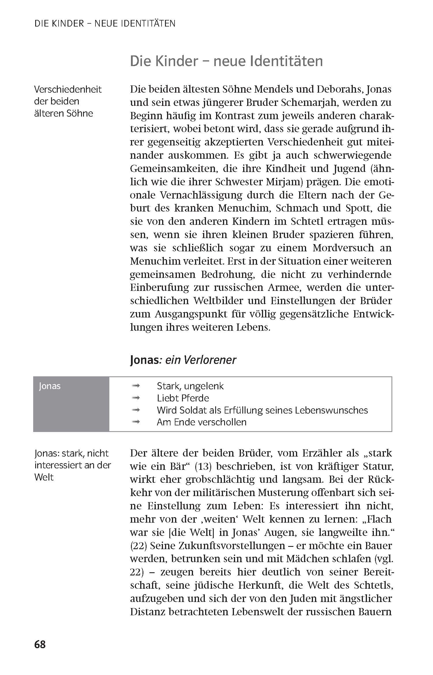 Eine Seite aus einem deutschen Buch, in dem die unterschiedlichen Identitäten und Eigenschaften der beiden Brüder Jonas und Deborah behandelt werden, einschließlich eines hervorgehobenen Abschnitts über Jonas.