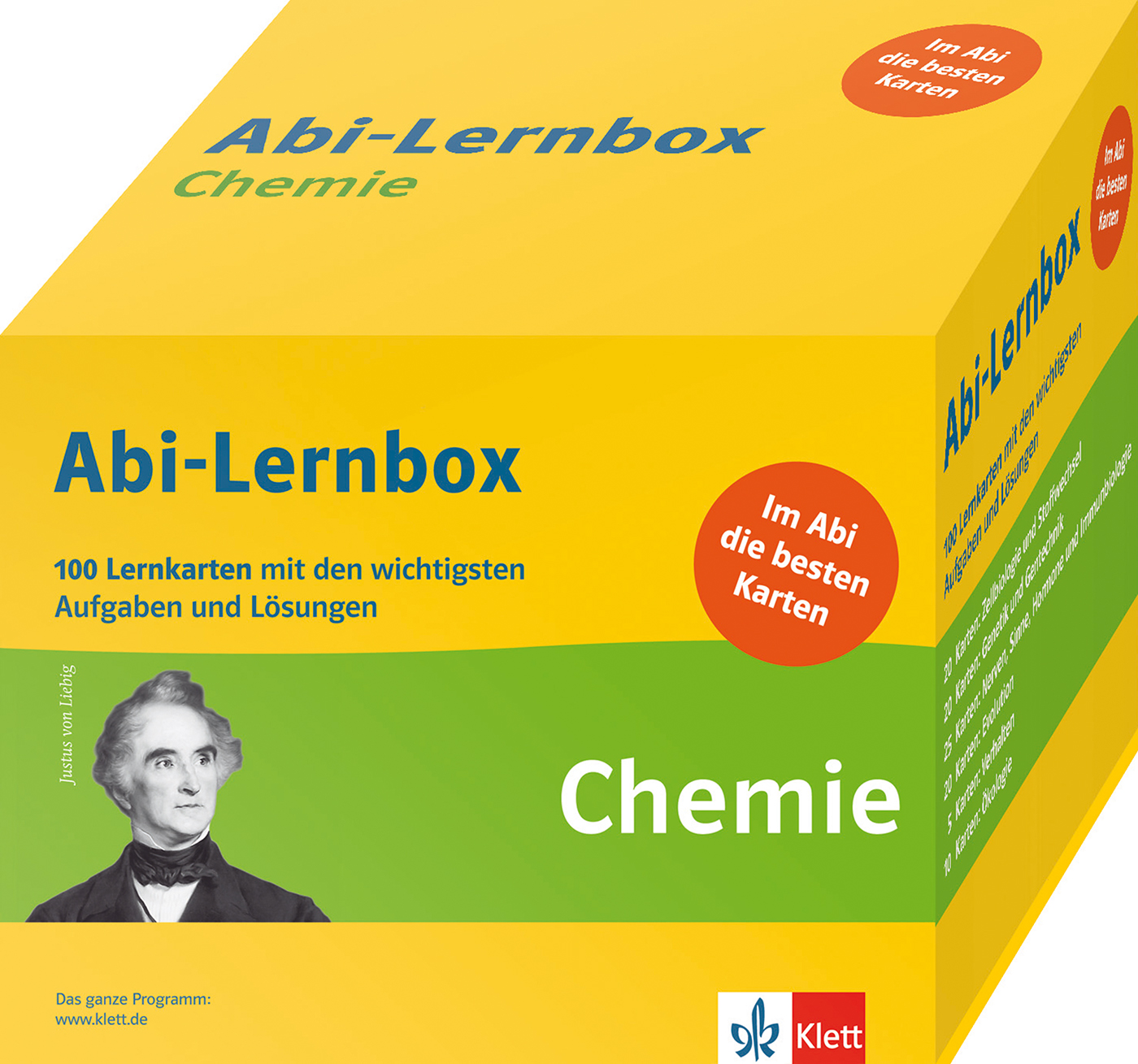 Eine gelb-grüne Schachtel mit der Aufschrift Abi-Lernbox Chemie, die 100 Chemie-Lernkarten zur Vorbereitung auf die Abiturprüfung enthält, mit dem Porträt eines Wissenschaftlers auf der Vorderseite.