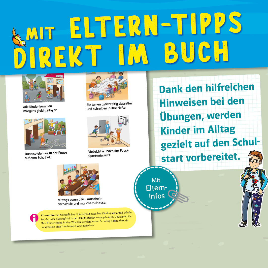 Ein deutschsprachiges pädagogisches Flugblatt, das für ein Buch mit Elterntipps zur Vorbereitung der Kinder auf den Schulanfang wirbt, illustriert mit Zeichentrickkindern und einem Jungen mit Rucksack.