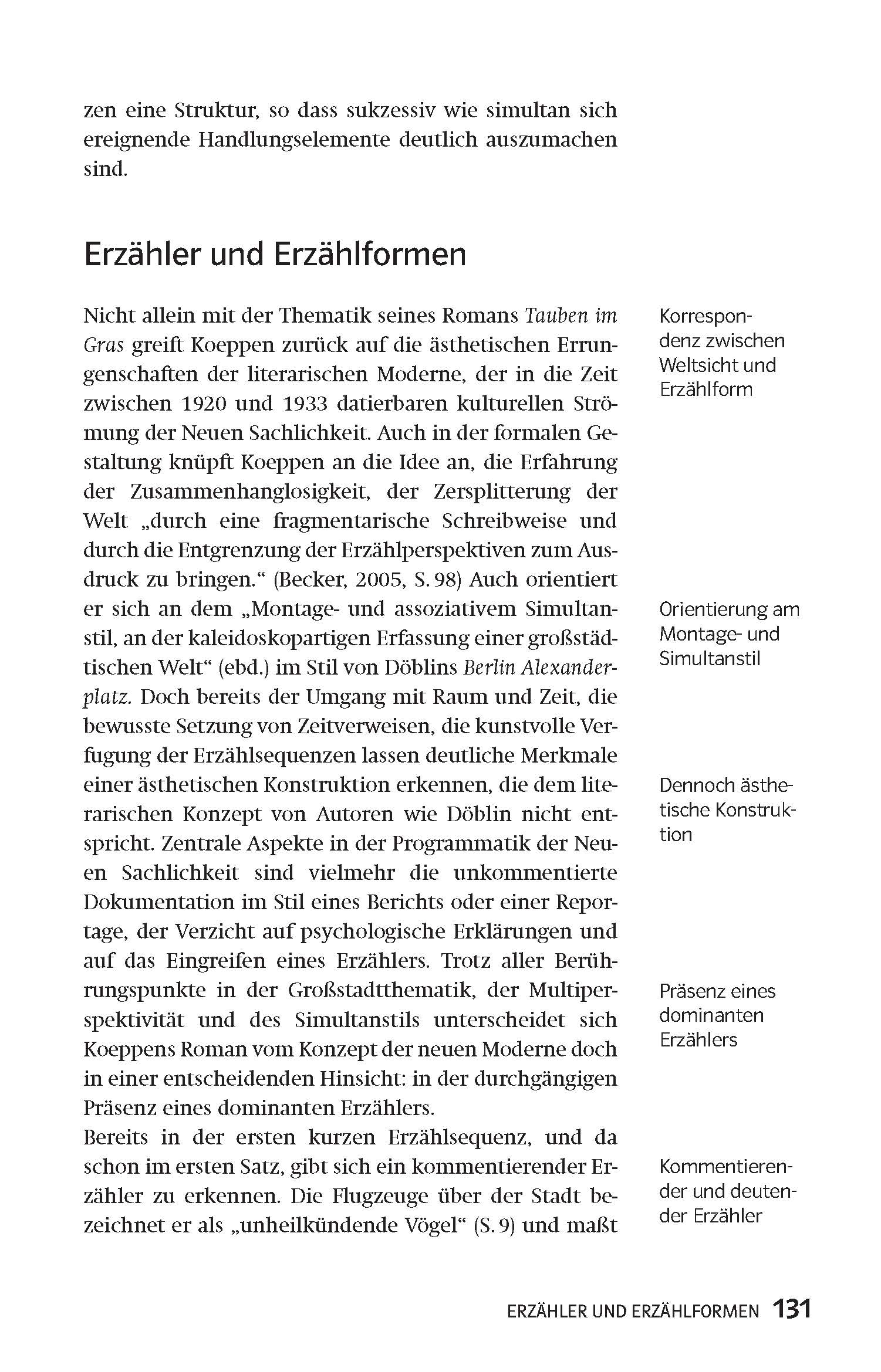 Eine Seite aus einem deutschen Buch über Erzählung und Erzählformen, mit Text und einer Seitenleiste, die verwandte Themen auflistet.
