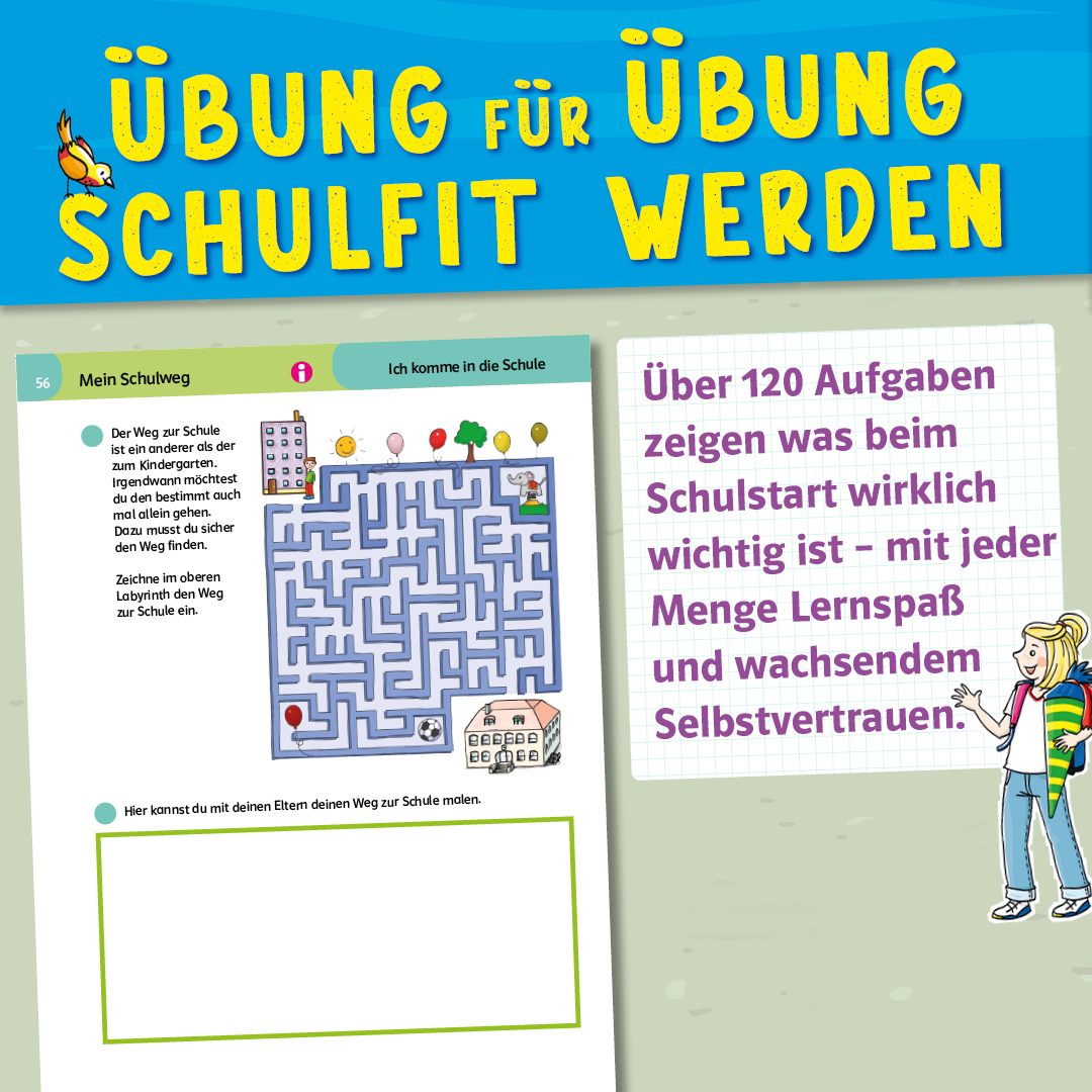 Bunte deutsche Arbeitsbuchseite mit einem Labyrinth zum Thema Schule, einer leeren Zeichenfläche und einem Textfeld, das die Vorteile des Buches für die Schulreife und das Selbstvertrauen beschreibt.