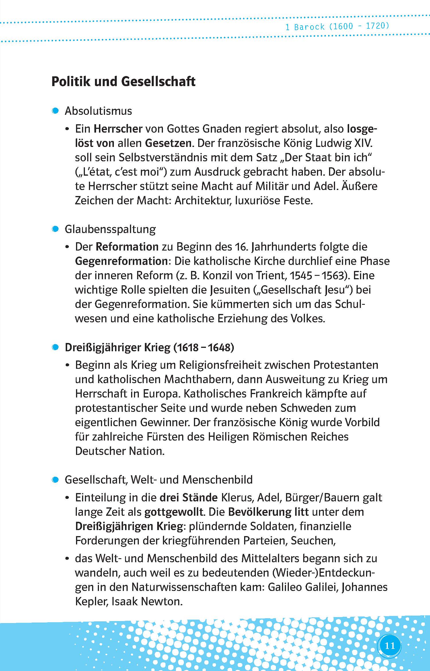 Eine Lehrbuchseite in deutscher Sprache behandelt die politische und soziale Geschichte mit Schwerpunkt auf Absolutismus und religiöser Spaltung im 16. Jahrhundert, mit hervorgehobenen Stichpunkten und Aufzählungen.