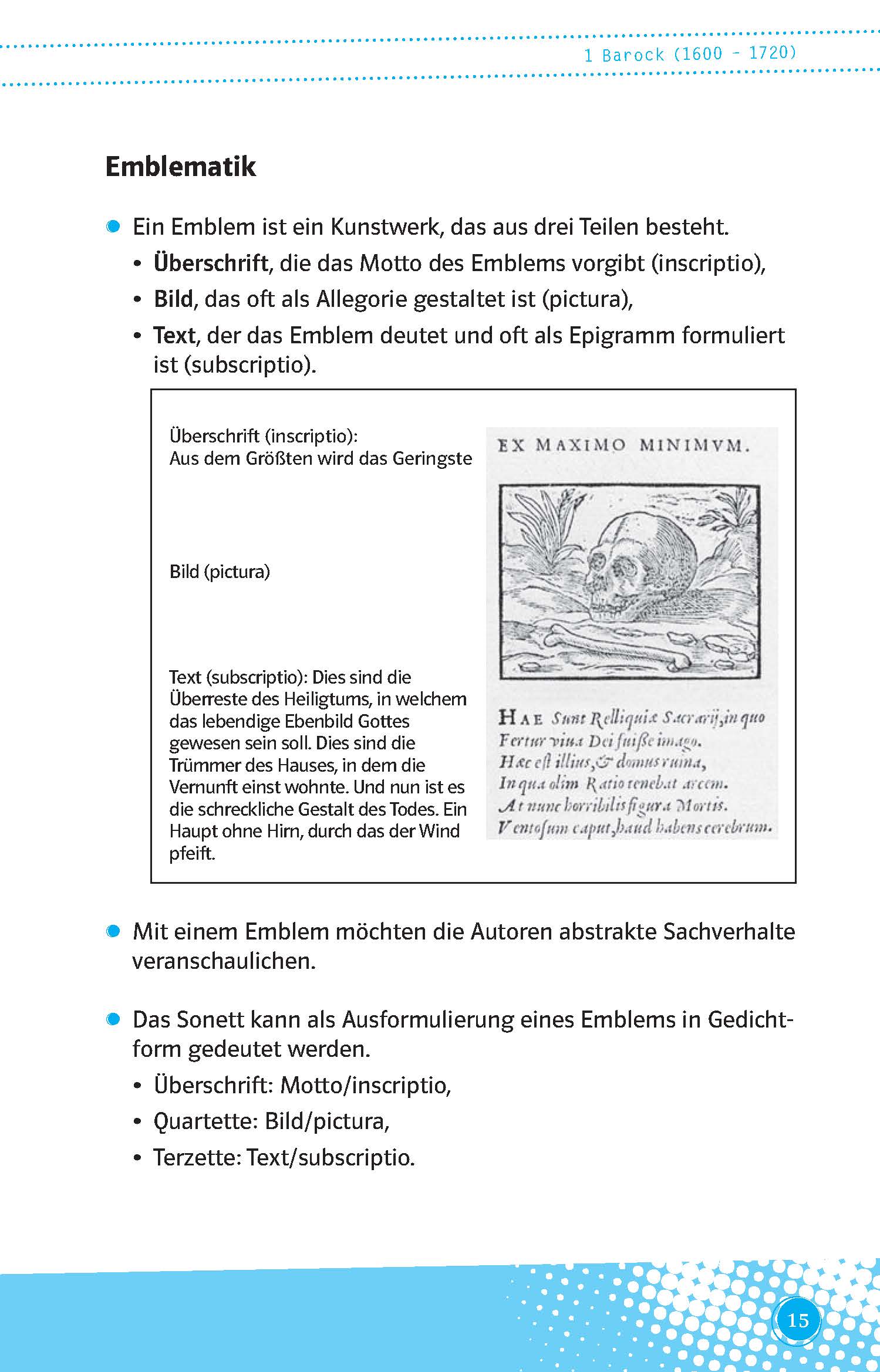 Eine Lehrbuchseite zur Erläuterung von Emblemen mit Aufzählungspunkten und einem Beispiel-Emblem mit der Abbildung eines Totenkopfes, einer Inscriptio und einer Subscriptio.