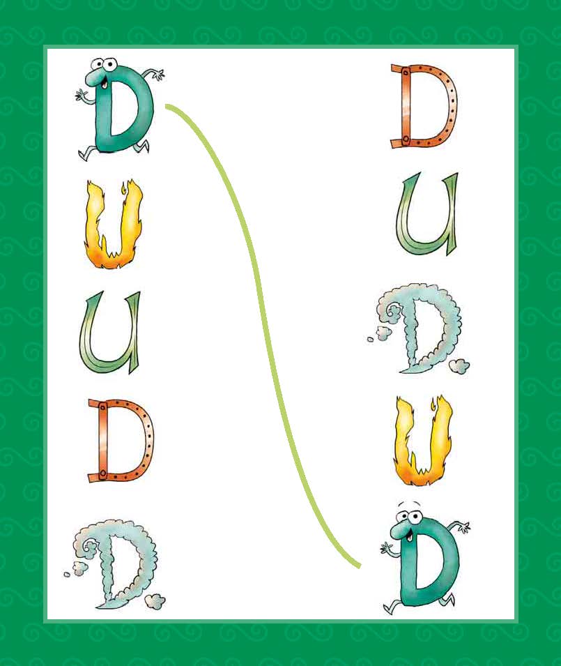 Acht bunte, skurrile Ds bilden zwei vertikale Säulen mit einer geschwungenen grünen Linie, die das dritte D auf jeder Seite verbindet.