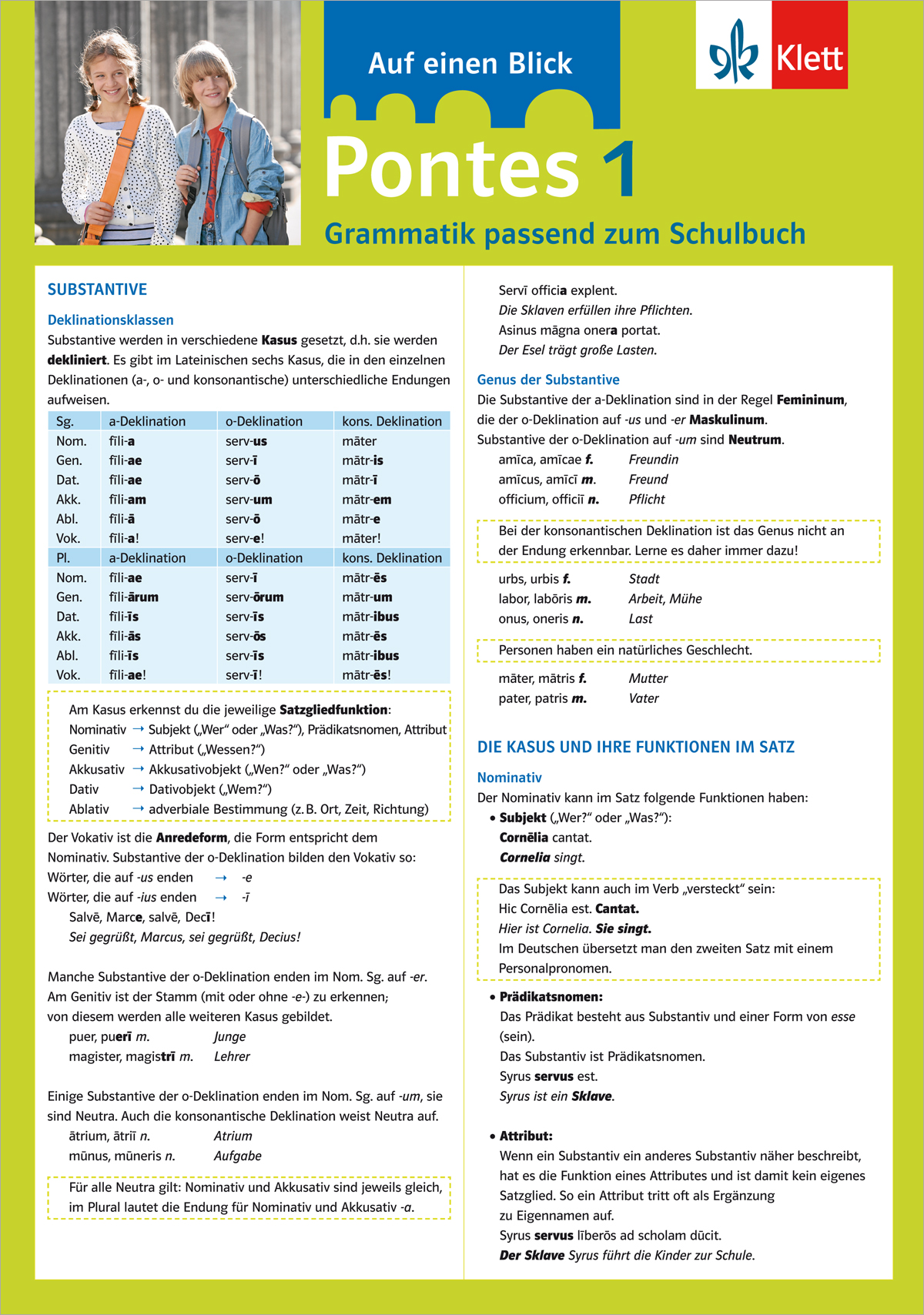 Zwei Schüler stehen lächelnd mit Rucksäcken auf der linken Seite; der Rest des Bildes enthält deutsche Grammatiknotizen zu Substantiven, Kasus und Pronomen, mit farblich gekennzeichneten Tabellen und Text.