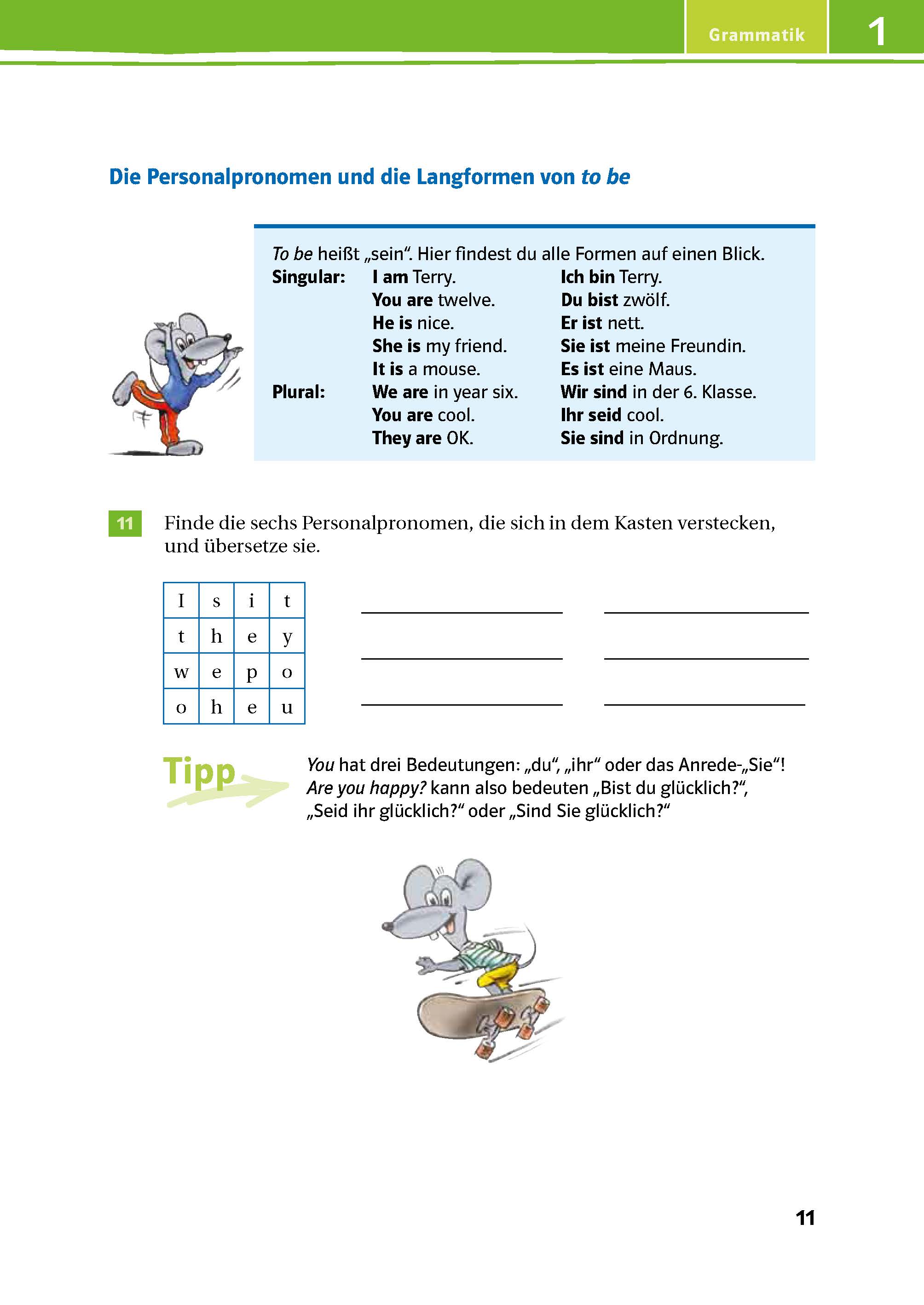 Green Line 1 - Das Trainingsbuch Eine deutsch-englische Grammatikseite mit Illustrationen, die Personalpronomen und Formen von to be erklärt, sowie eine Wortsuche und eine Tipp-Box über die Bedeutungen von you.