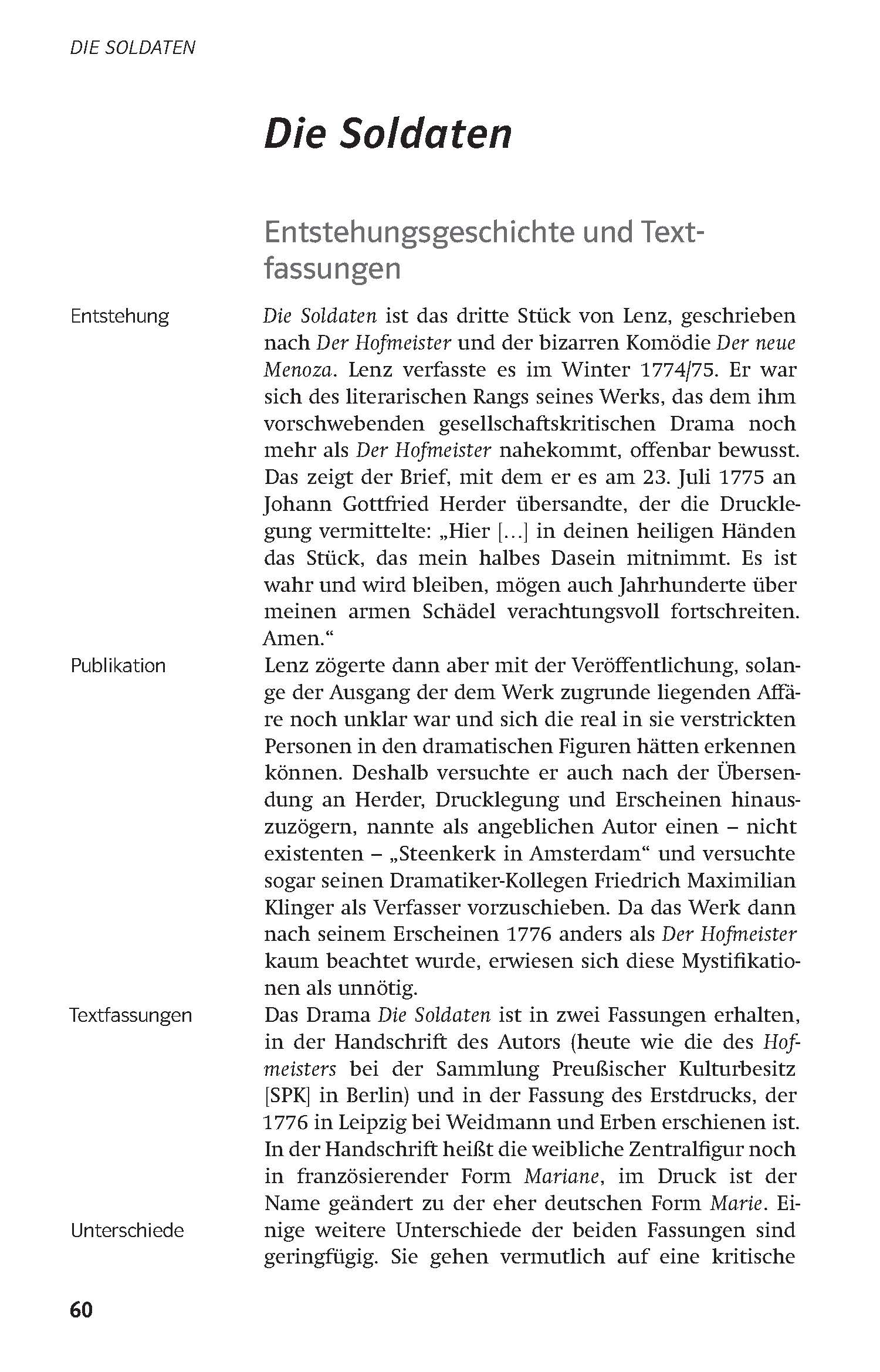 Eine Schwarz-Weiß-Seite aus einem deutschen Buch mit dem Titel Die Soldaten beschreibt die Entstehung, Veröffentlichung, Versionen und Unterschiede des Stücks in einem einfachen Absatzformat.