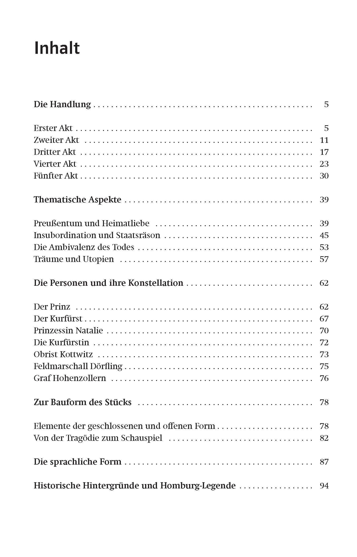 Klett Lektürehilfen Heinrich von Kleist, Prinz Friedrich von Homburg Inhaltsverzeichnis in deutscher Sprache, das Abschnitte wie Die Handlung, Thematische Aspekte und Die Personen und ihre Konstellation mit den entsprechenden Seitenzahlen auflistet.