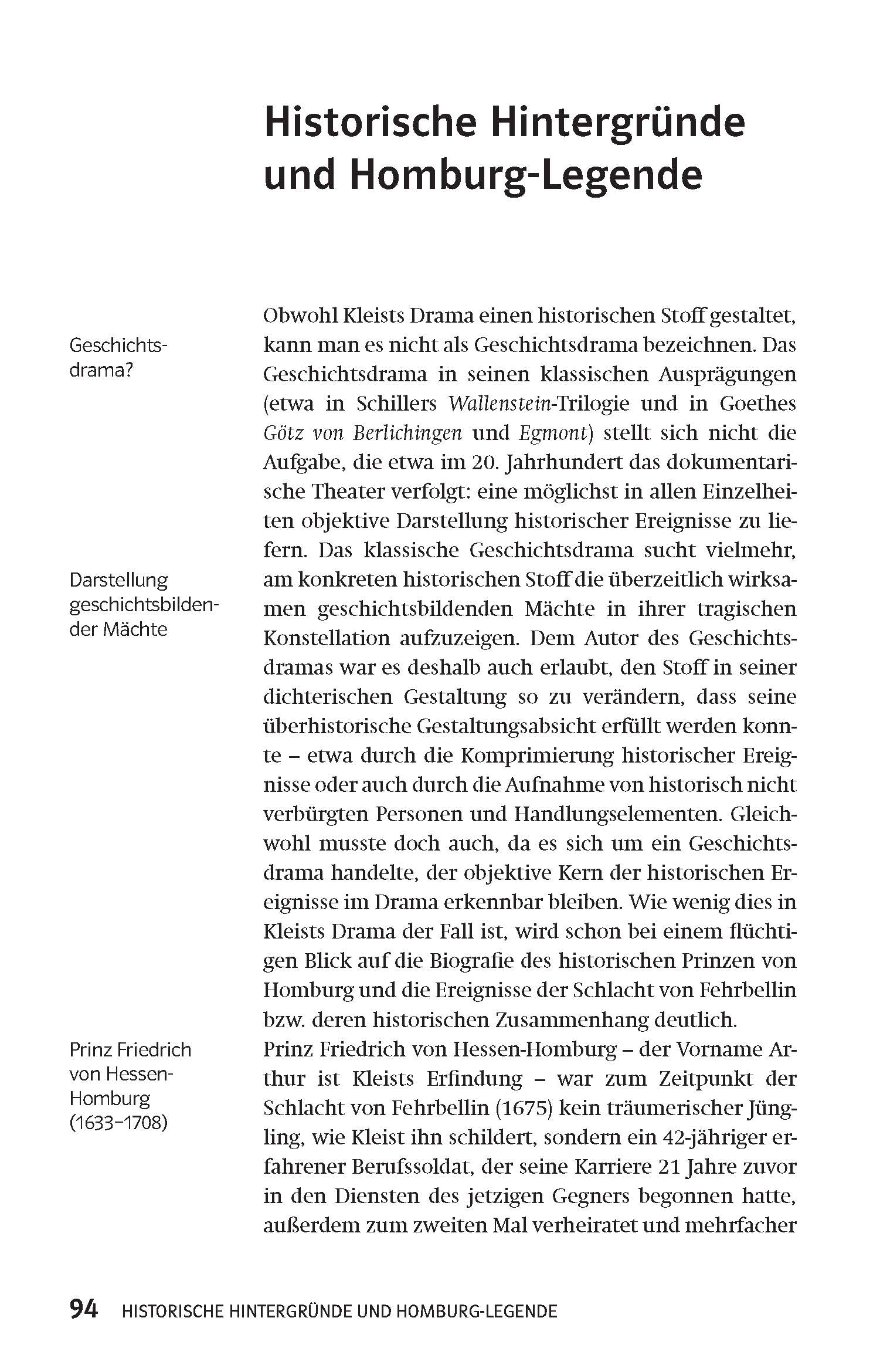 Klett Lektürehilfen Heinrich von Kleist, Prinz Friedrich von Homburg Eine Lehrbuchseite in deutscher Sprache, die den historischen Hintergrund und die Homburger Legende erläutert, mit Textblöcken und einem kleinen Porträt von Prinz Friedrich von Hessen-Homburg (1633-1708).