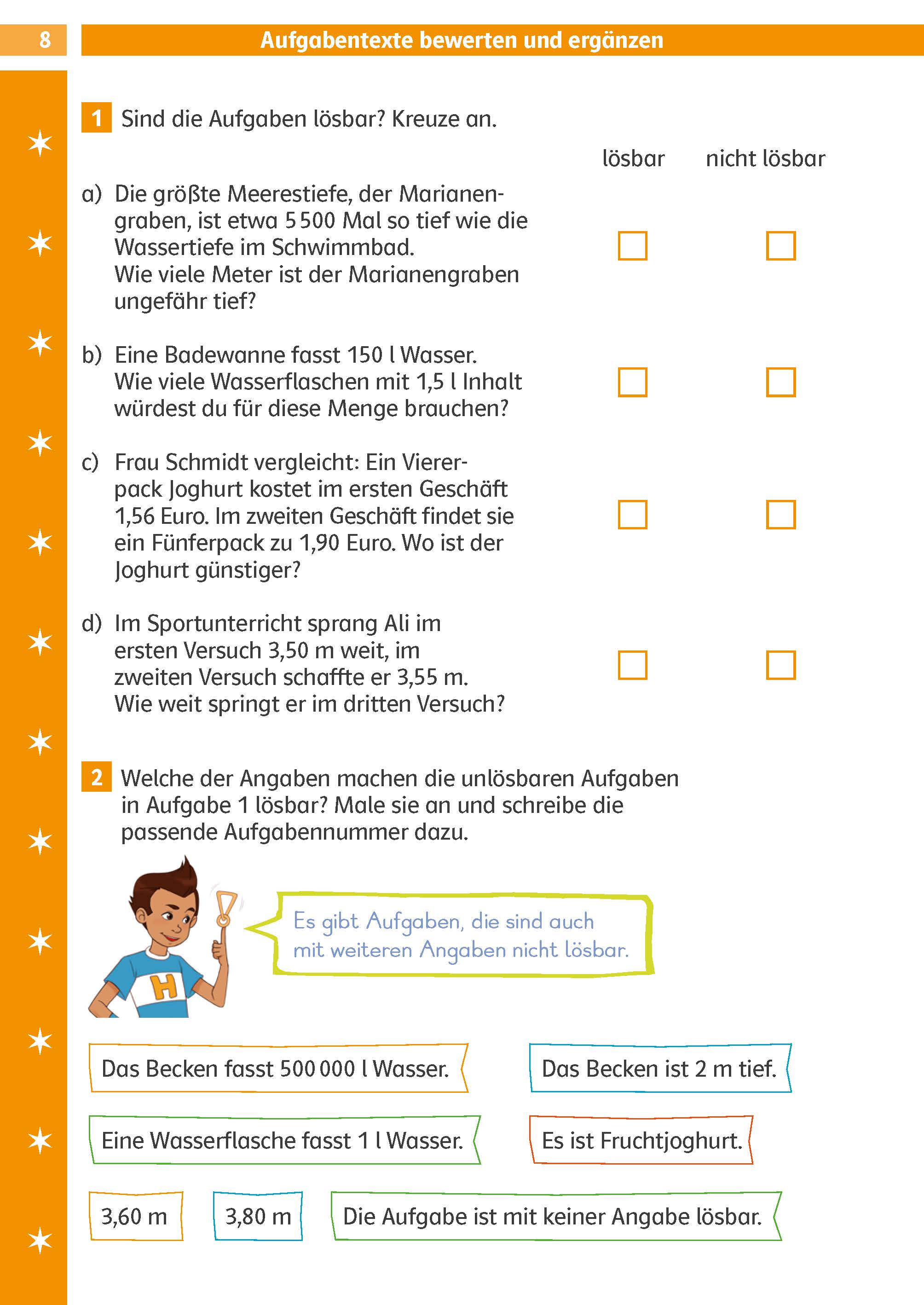 Klett Die Mathe-Helden: Textaufgaben / Sachaufgaben 4. Klasse Ein deutschsprachiges Arbeitsblatt mit vier Übungen mit textbasierten mathematischen Wortproblemen und einer Ankreuzfrage, dargestellt auf einem orangefarbenen und weißen Hintergrund.