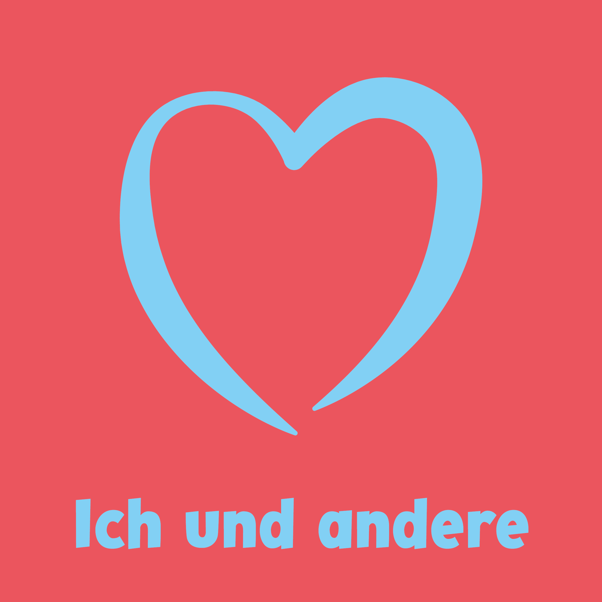 Ein blauer Herzumriss über den Worten Ich und andere in blauer Schrift auf rotem Hintergrund.