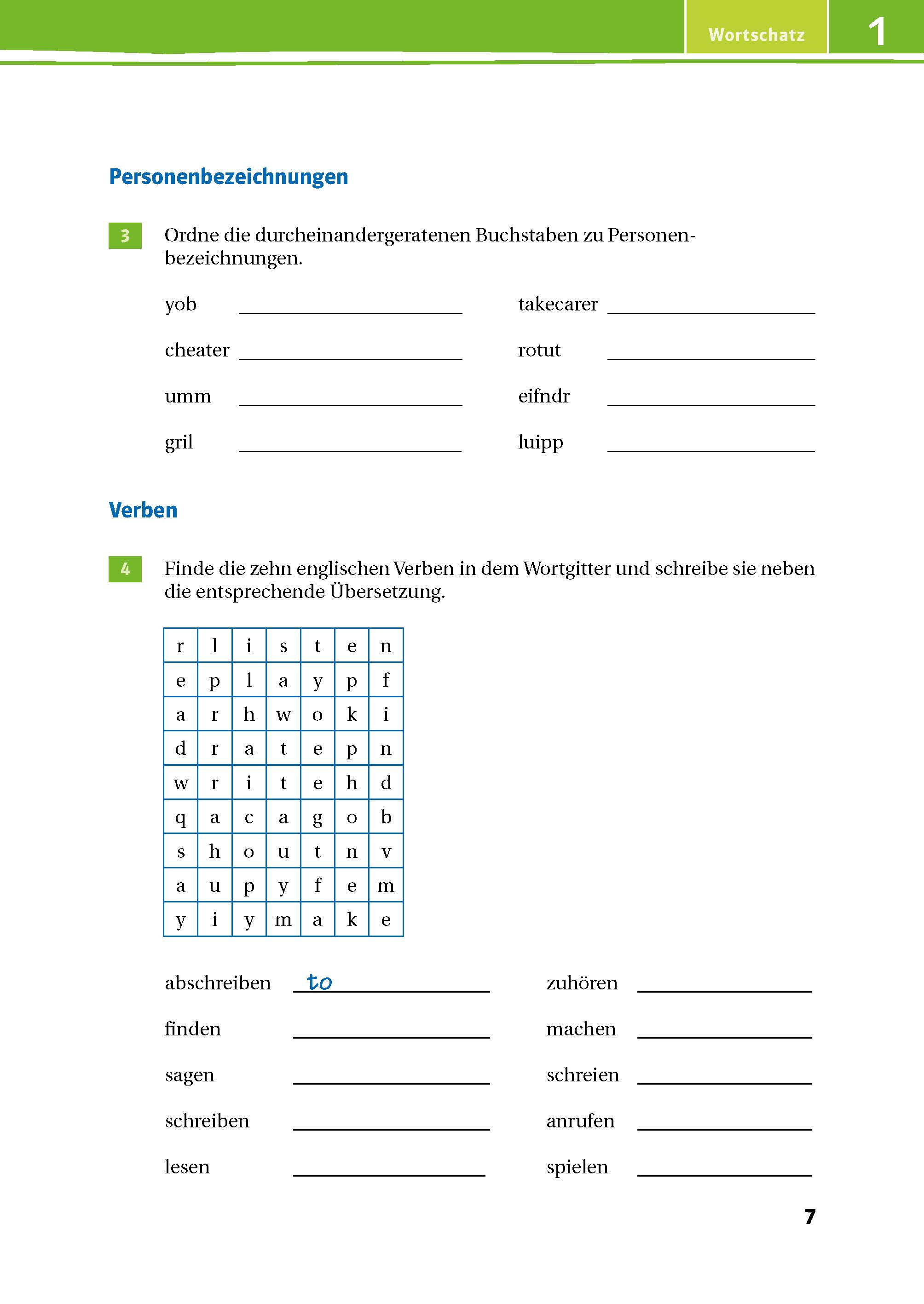 Green Line 1 - Das Trainingsbuch Ein Arbeitsblatt zur deutschen Sprache mit Vokabelübungen, einer Wortsuche für englische Verben und Feldern zum Eintragen der Antworten. Die Seite hat grüne und blaue Überschriften.