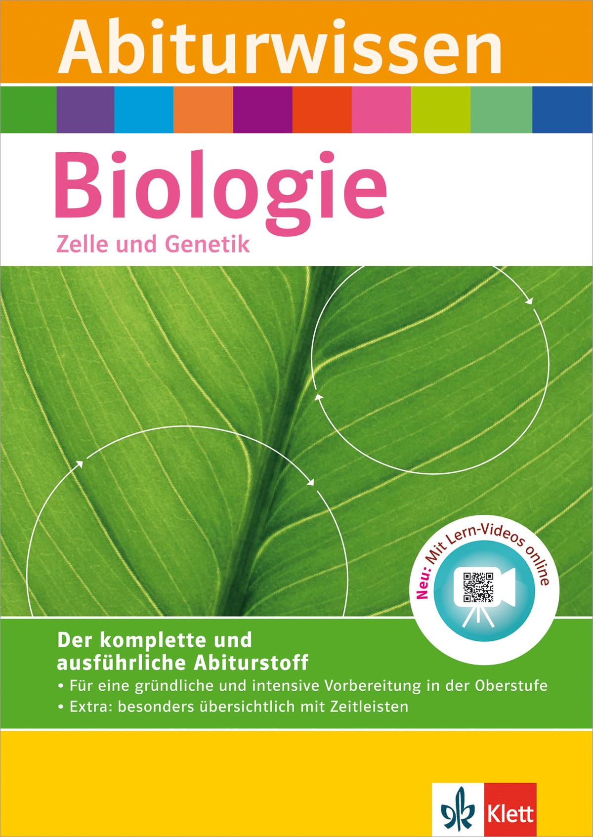 Buchumschlag mit dem Titel Abiturwissen Biologie: Zelle und Genetik mit einer Nahaufnahme eines grünen Blattes und einem Informationstext über die Vorbereitung auf eine umfassende Prüfung.