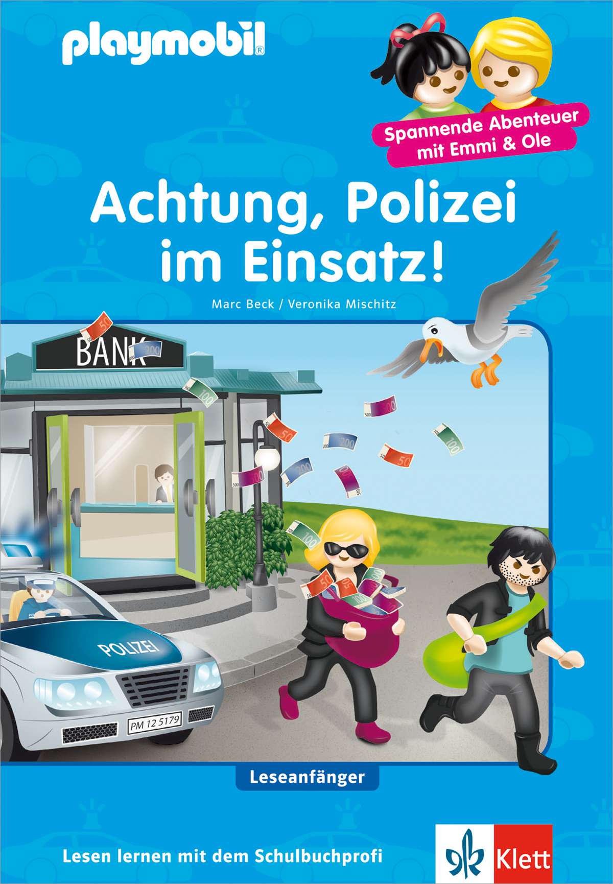 Illustriertes Buchcover, das Polizeibeamte zeigt, die maskierte Räuber vor einer Bank verfolgen, wobei Geld herumfliegt. Ein Polizeiauto steht vor der Bank. Der Text ist auf Deutsch.
