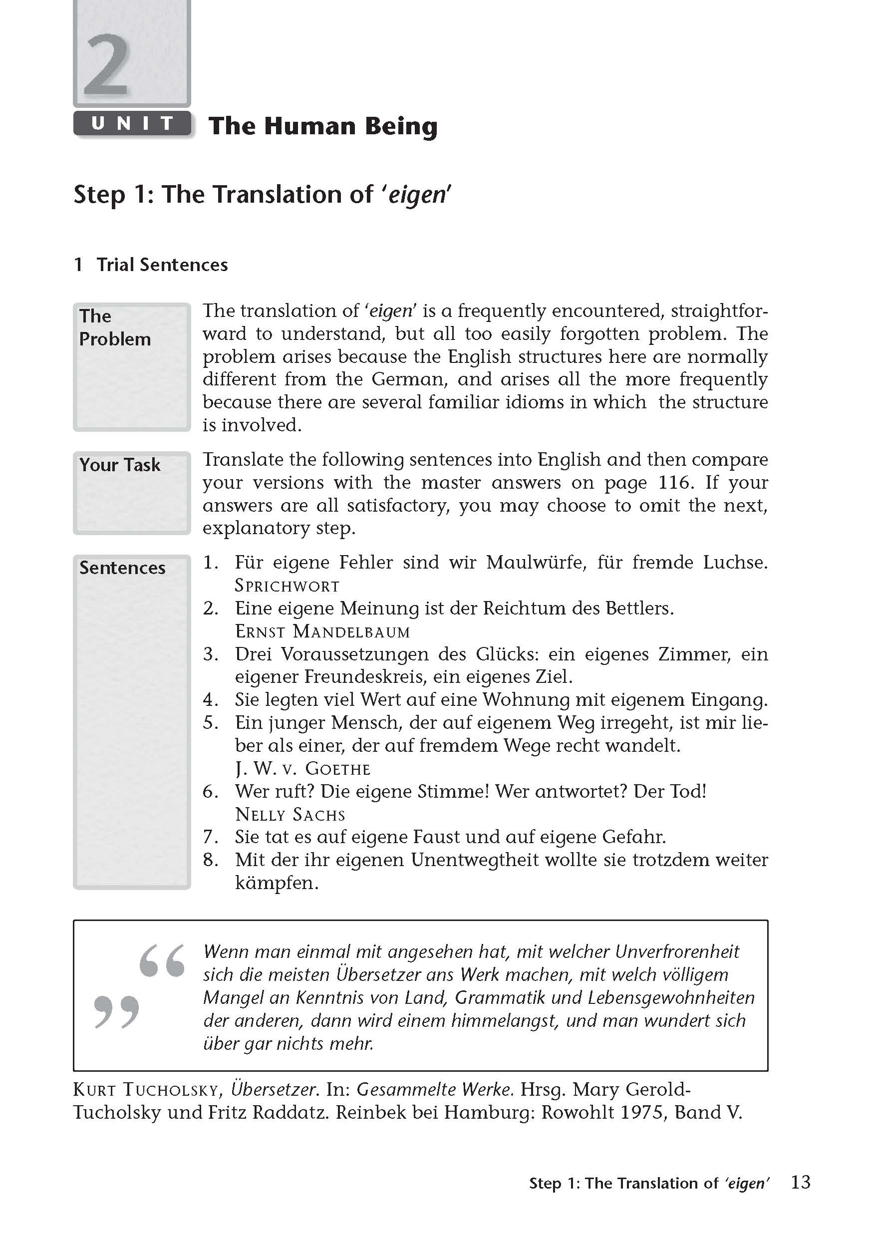 Uni Wissen Grundkurs Übersetzen Deutsch-Englisch Eine Lehrbuchseite mit dem Titel The Human Being: The Translation of 'eigen' mit Übersetzungsübungen und Anleitungen auf Englisch und Deutsch.
