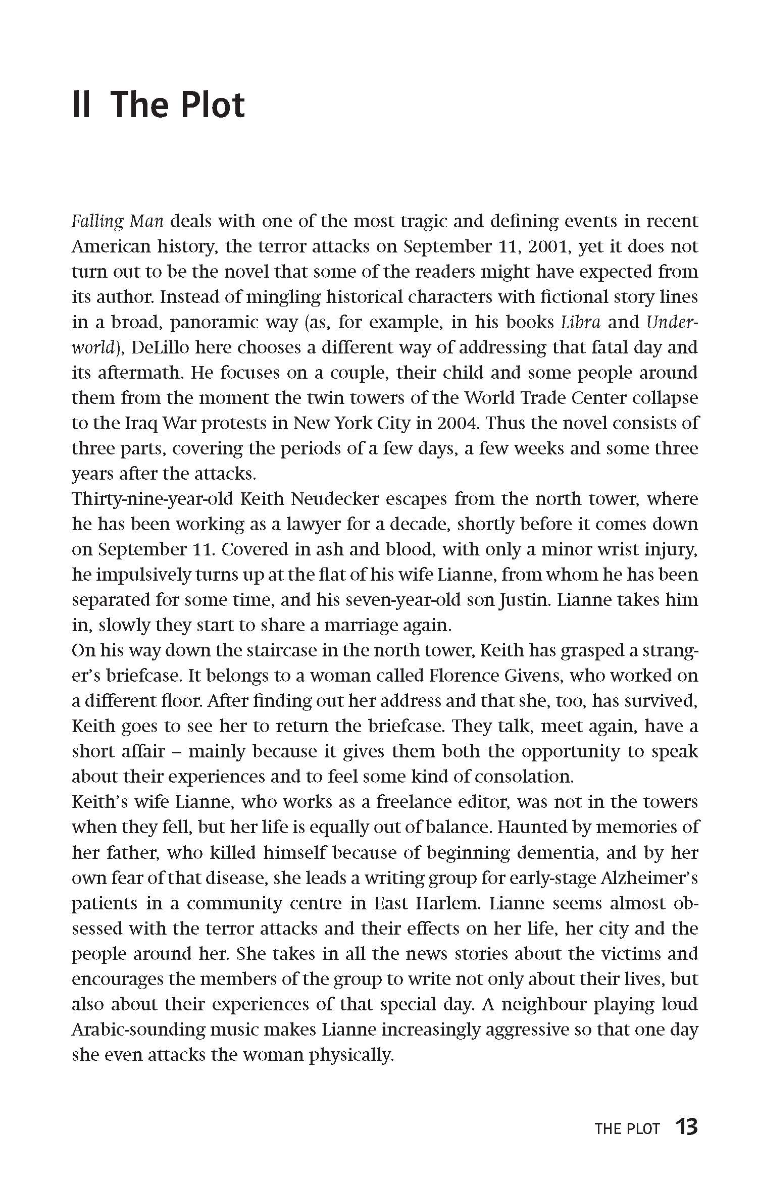 Eine Buchseite mit dem Titel The Plot fasst die Themen und die Handlung von Don DeLillos Falling Man zusammen und beschreibt das Leben der Figuren nach den Anschlägen vom 11. September.