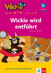 Ein illustrierter Bucheinband zeigt einen großen Wikinger, der ein kleineres Wikingerkind neben Säcken voller Gold fängt. Der Titel lautet Wickie wird entführt auf violettem Hintergrund.