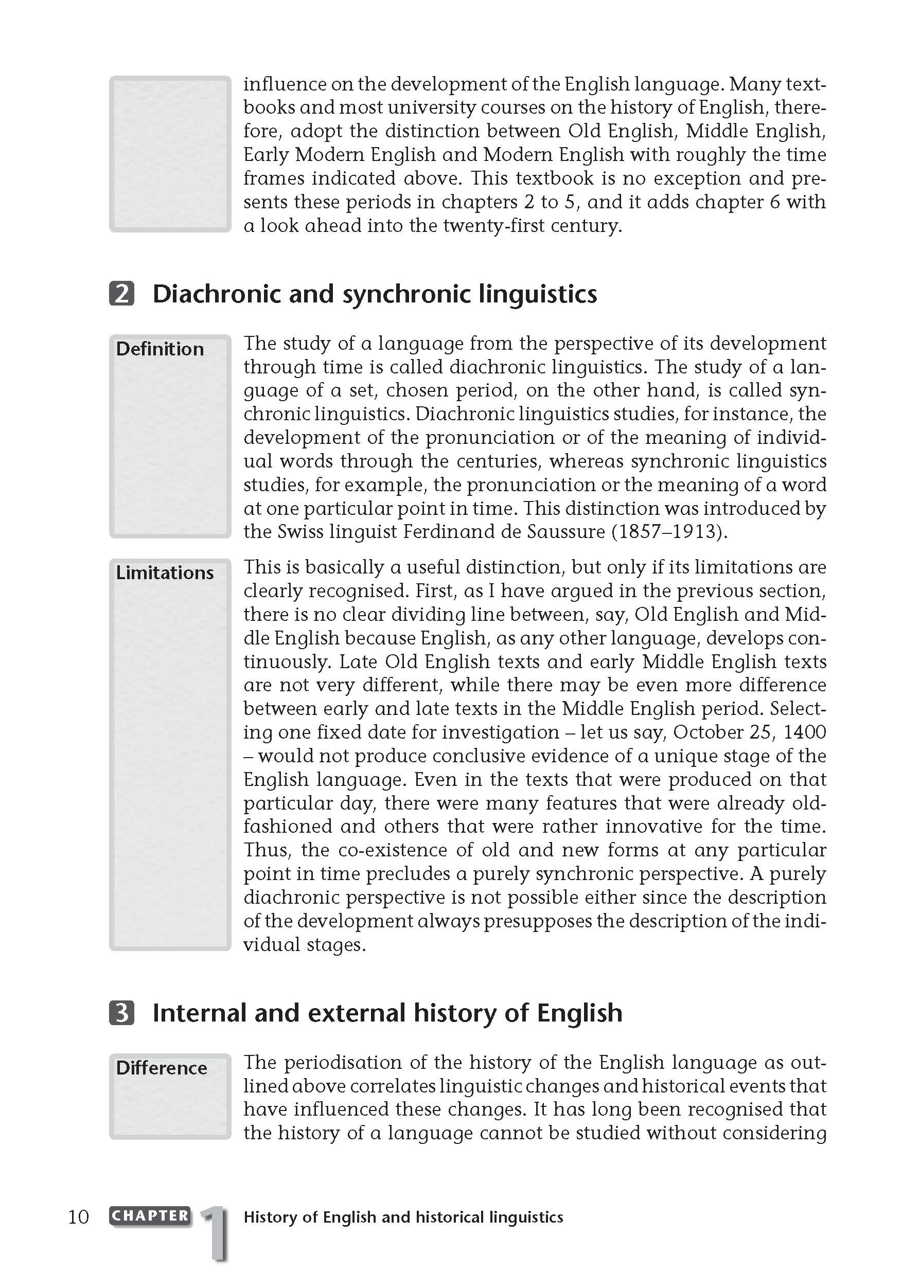 Uni Wissen History of English and English Historical Linguistics Lehrbuchseite zur diachronen und synchronen Linguistik, mit Definitionen, Einschränkungen und einem Überblick über die interne und externe Sprachgeschichte.