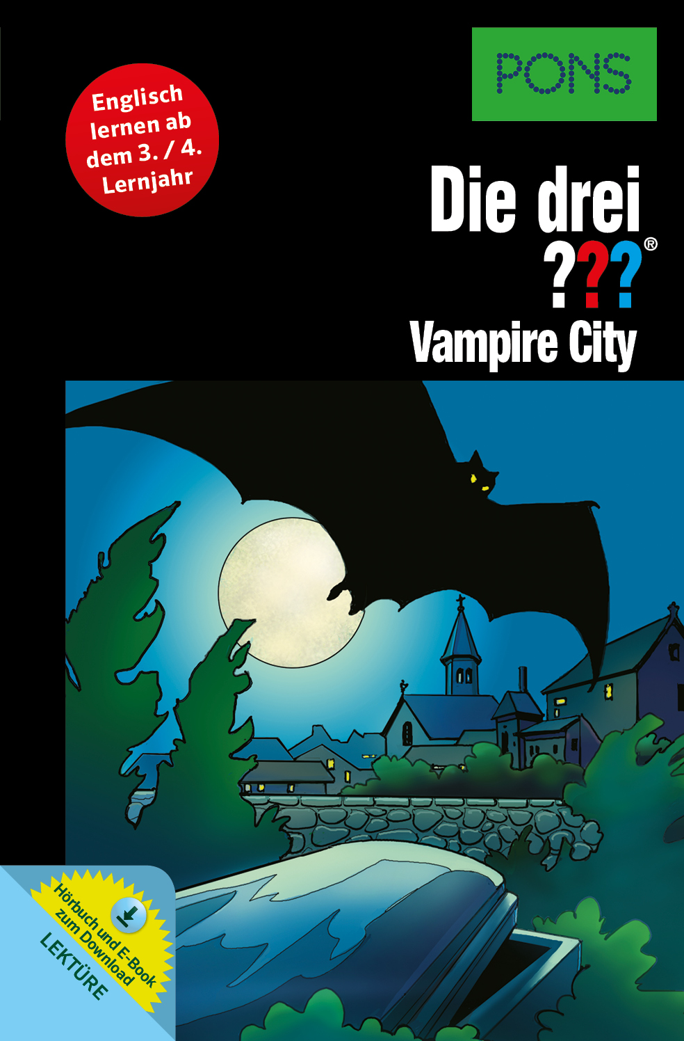Buchcover für Die drei ??? Vampire City zeigt eine große Fledermaus, die über eine mondbeschienene Stadt mit einem Friedhof im Vordergrund fliegt.