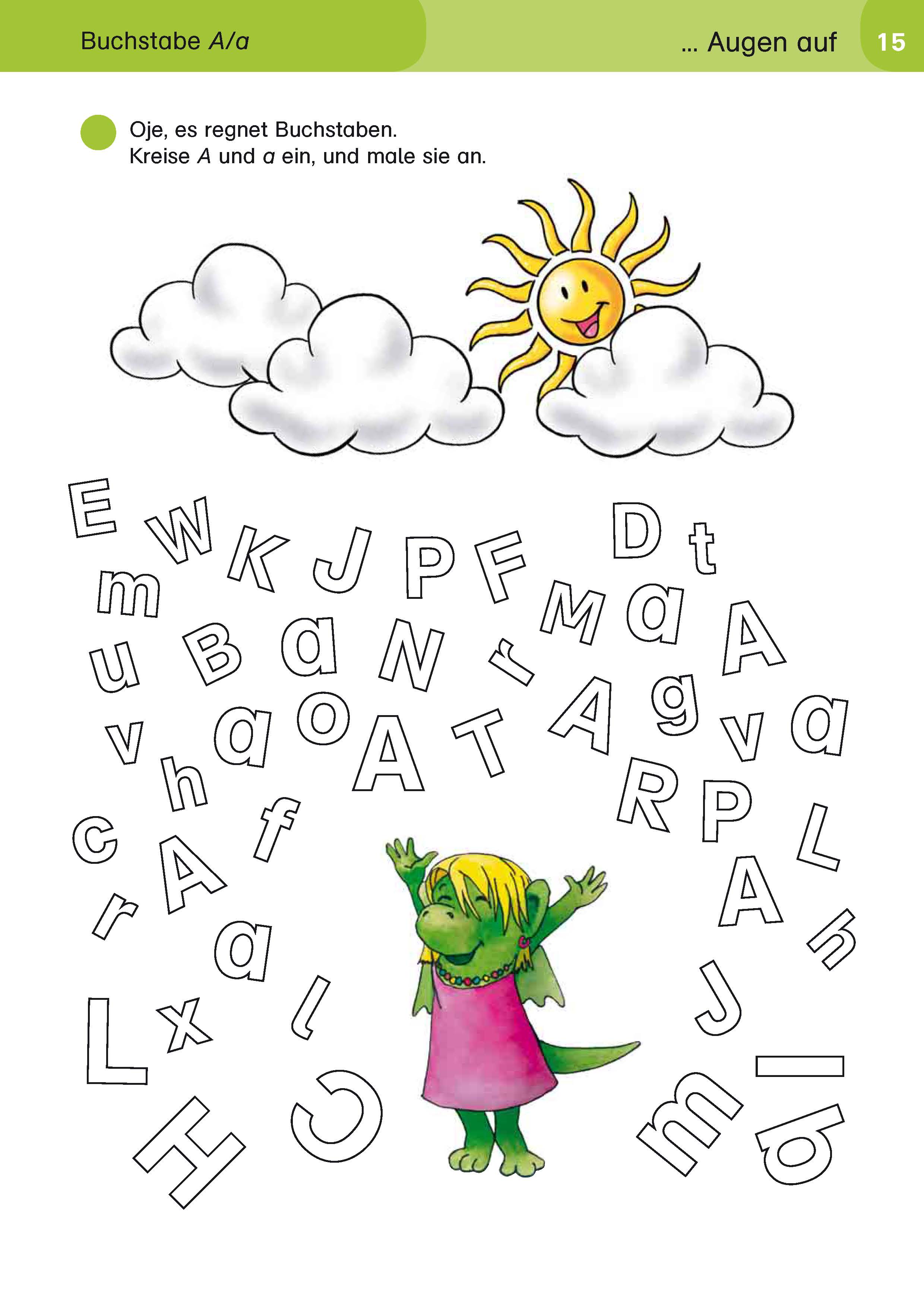 Eine Cartoon-Sonne und Wolken regnen die Buchstaben A und a. Darunter steht ein Krokodil in einem rosa Kleid zwischen verstreuten Groß- und Kleinbuchstaben.