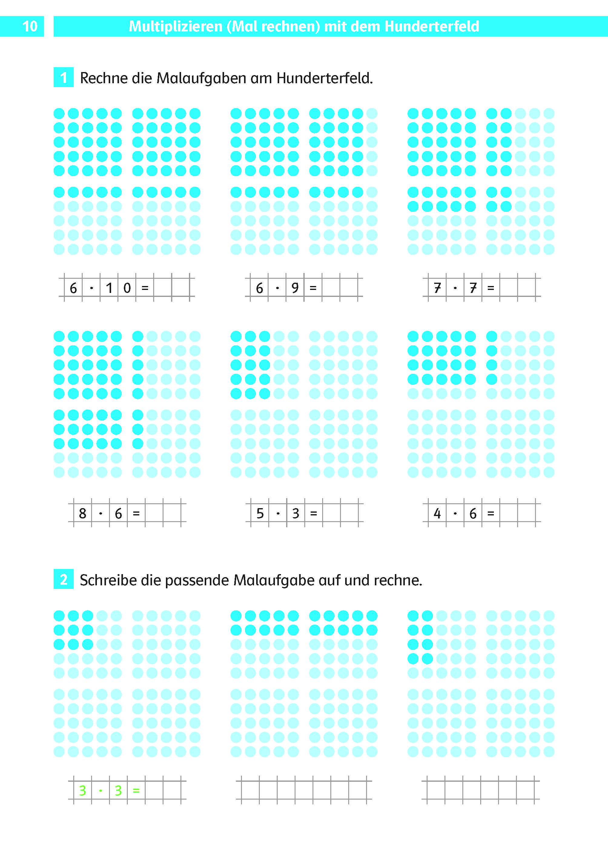 Klett Die Mathe-Helden: Das kleine Einmaleins 2./3. Klasse Ein Arbeitsblatt mit Gittern aus farbigen Punkten veranschaulicht Multiplikationsaufgaben mit Hilfe von Feldern, wobei unter jeder visuellen Darstellung Platz für Gleichungen und Antworten ist.