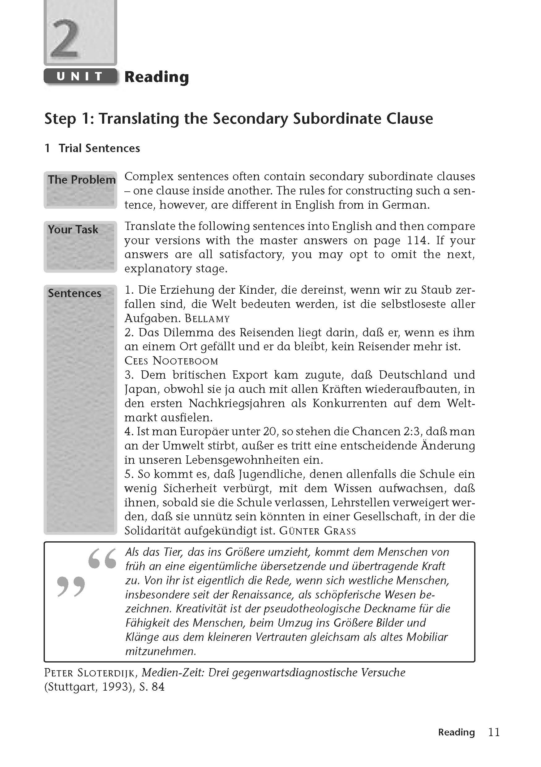Eine Lehrbuchseite mit dem Titel Step 1: Translating the Secondary Subordinate Clause (Schritt 1: Übersetzung des Nebensatzes) mit deutschen Beispielsätzen und Übersetzungsanweisungen für Englischlerner.