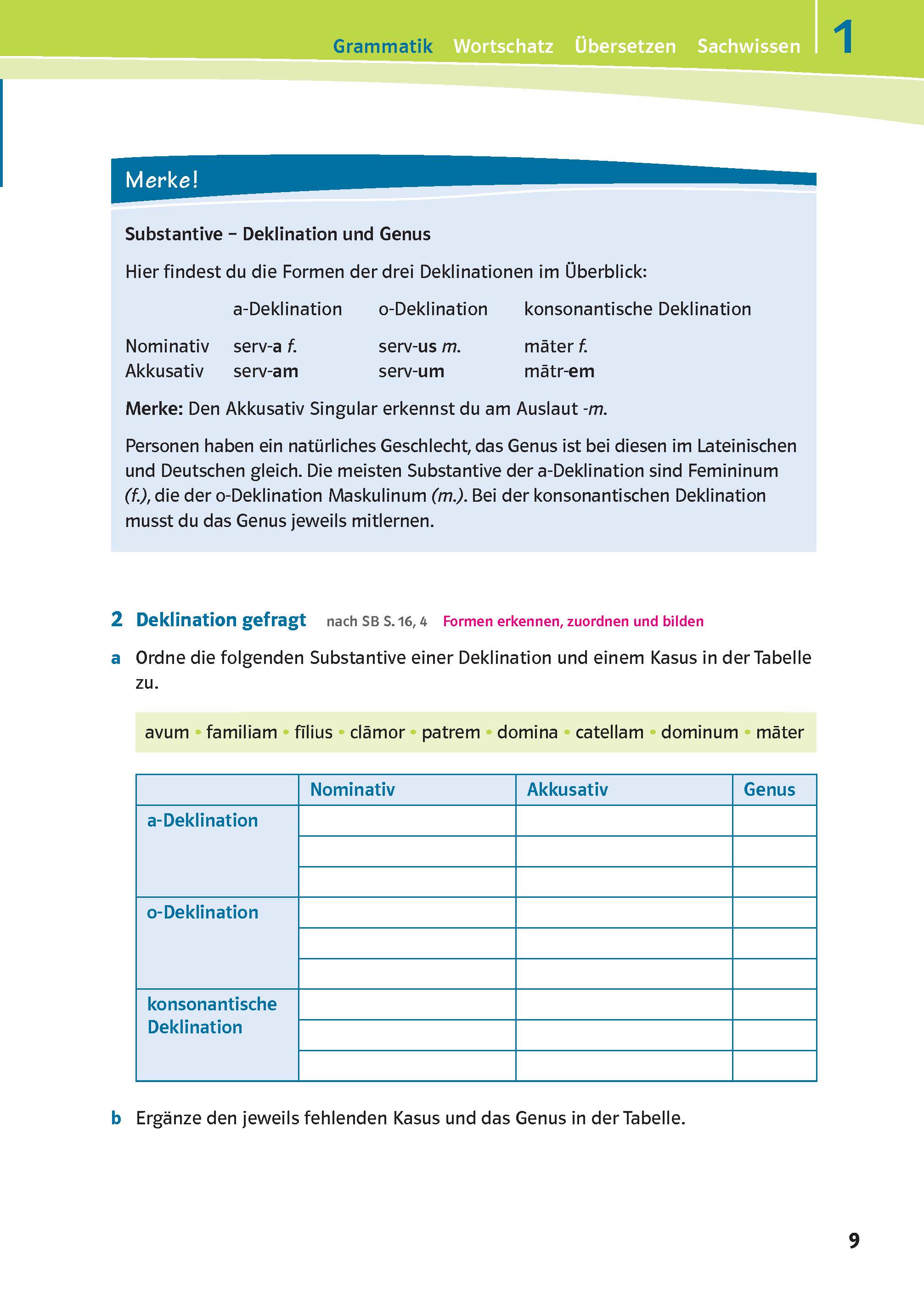 Eine Seite aus einem deutschen Grammatiklehrbuch, die die Deklination und das Geschlecht von Substantiven erklärt, mit Tabellen der Nominativ- und Akkusativformen und hervorgehobenen Anmerkungen.