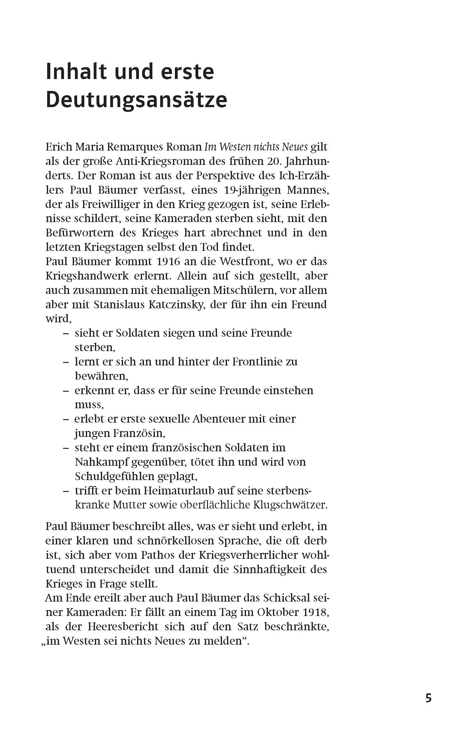 Eine Seite mit dem Titel Inhalt und erste Deutungsansätze fasst Erich Maria Remarques Roman Im Westen nichts Neues zusammen und listet Stichpunkte zu den Erfahrungen des Protagonisten auf.