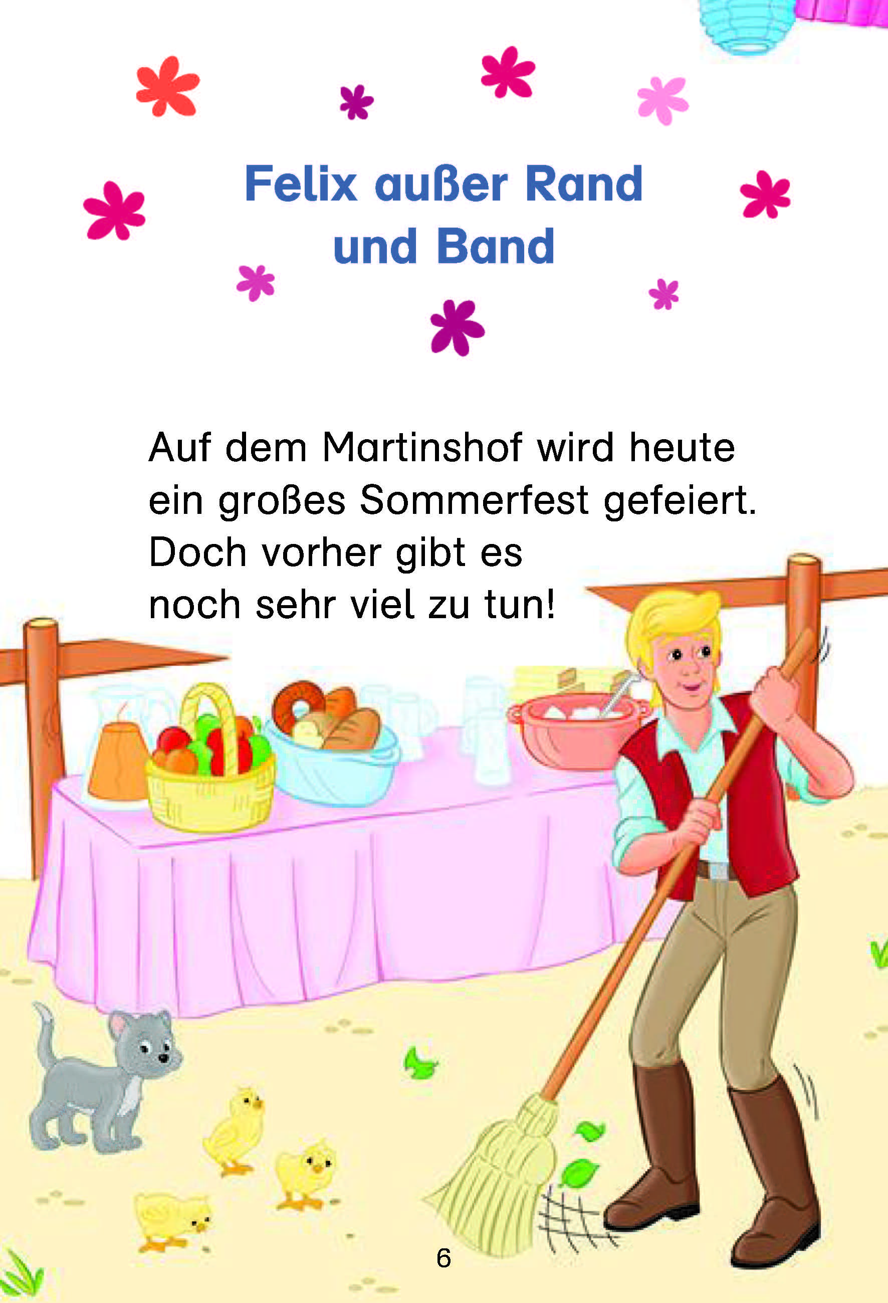 Bibi & Tina: Los geht's im Galopp! Vier spannende Pferdegeschichten in einem Band Ein Mann mit blondem Haar stellt auf einem Tisch im Freien Getränke und Obst für ein Sommerfest bereit. Eine Katze und ein Kätzchen stehen in der Nähe, Dekoration und Essen sind sichtbar. Auf dem Bild ist ein deutscher Text zu sehen.