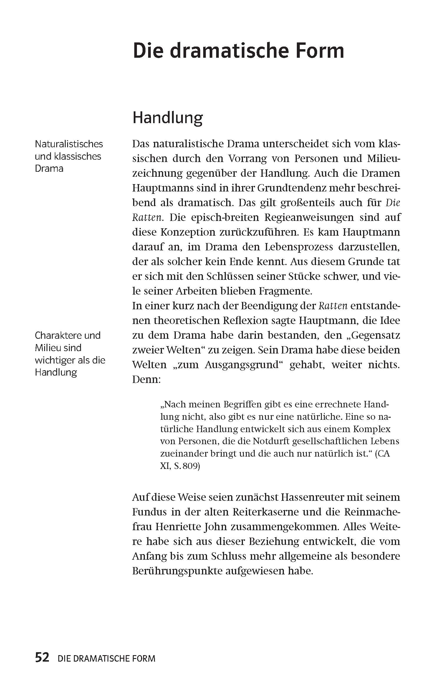 Eine deutsche Lehrbuchseite mit dem Titel Die dramatische Form erörtert die dramatische Struktur, wobei der Schwerpunkt auf der Handlung im naturalistischen und klassischen Drama liegt, mit Randnotizen, die die wichtigsten Themen hervorheben.