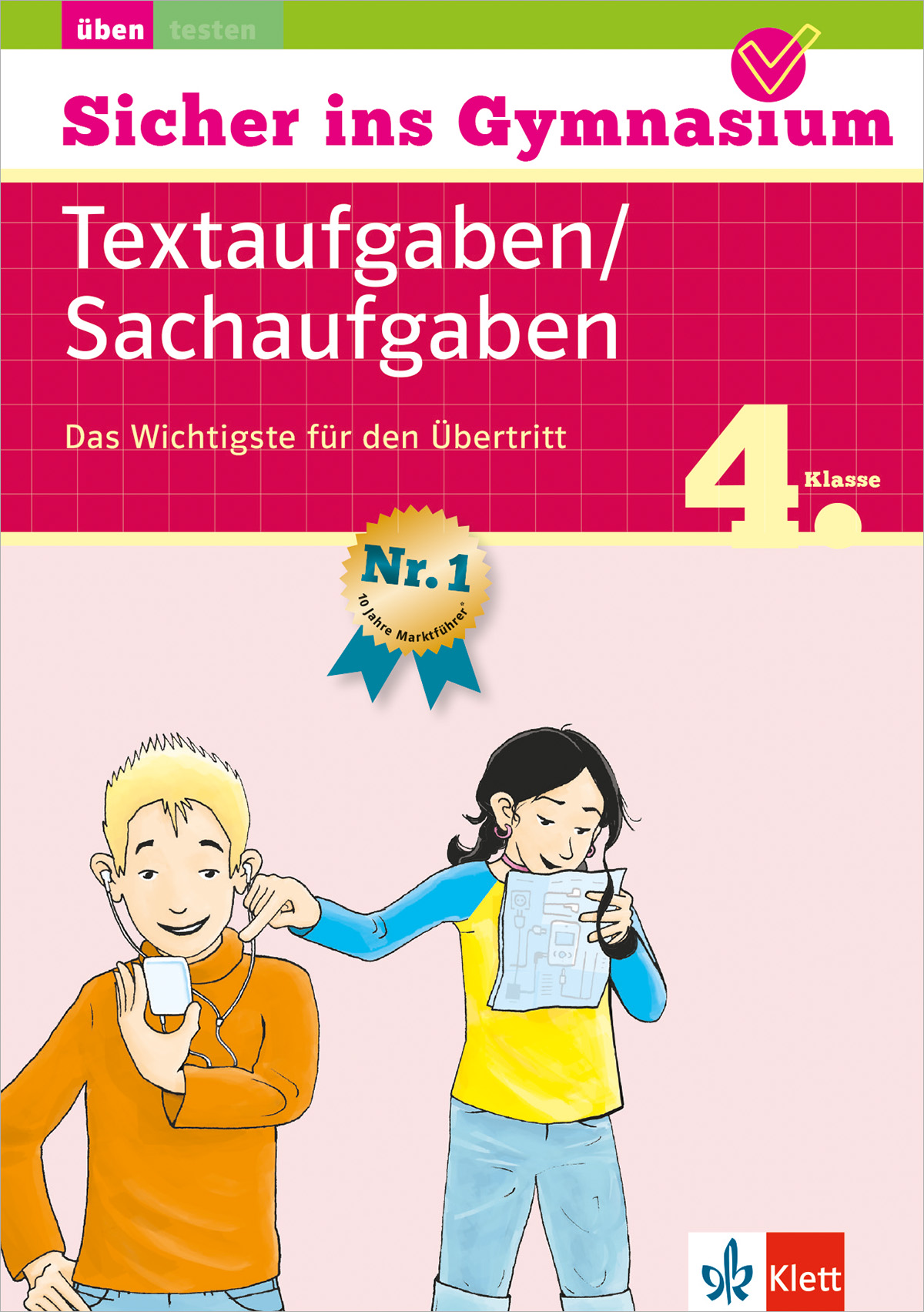 Umschlag eines deutschen Arbeitsbuchs für die 4. Klasse mit dem Titel Textaufgaben/Sachaufgaben, mit illustrierten Kindern, die lesen und essen, und einem Häkchen, das anzeigt, dass es für die Vorbereitung auf das Gymnasium bestimmt ist.